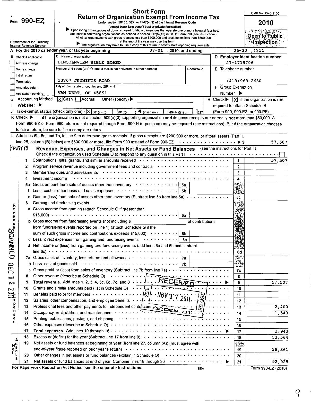 Image of first page of 2010 Form 990EZ for Lincolnview Bible Board