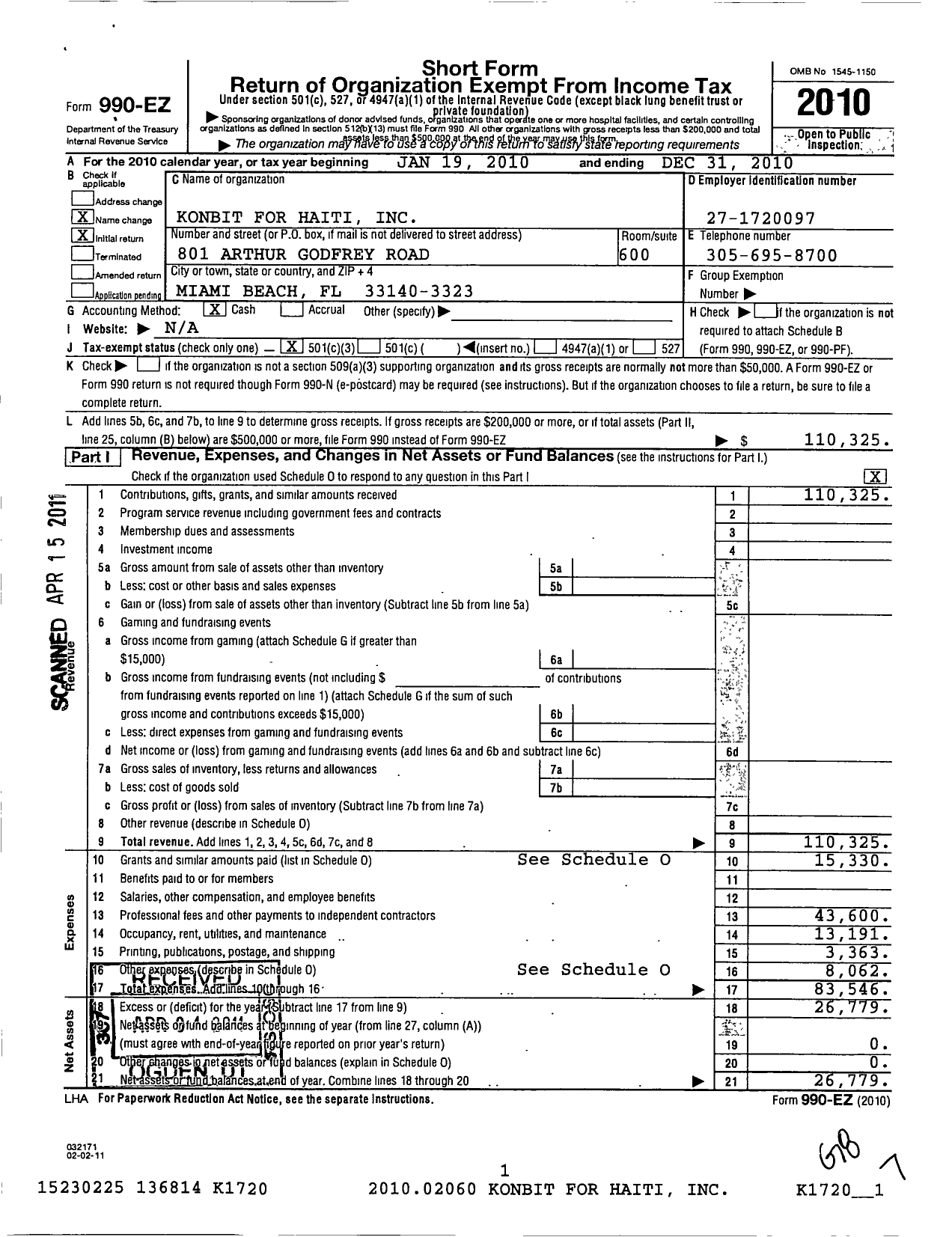 Image of first page of 2010 Form 990EZ for Konbit for Haiti