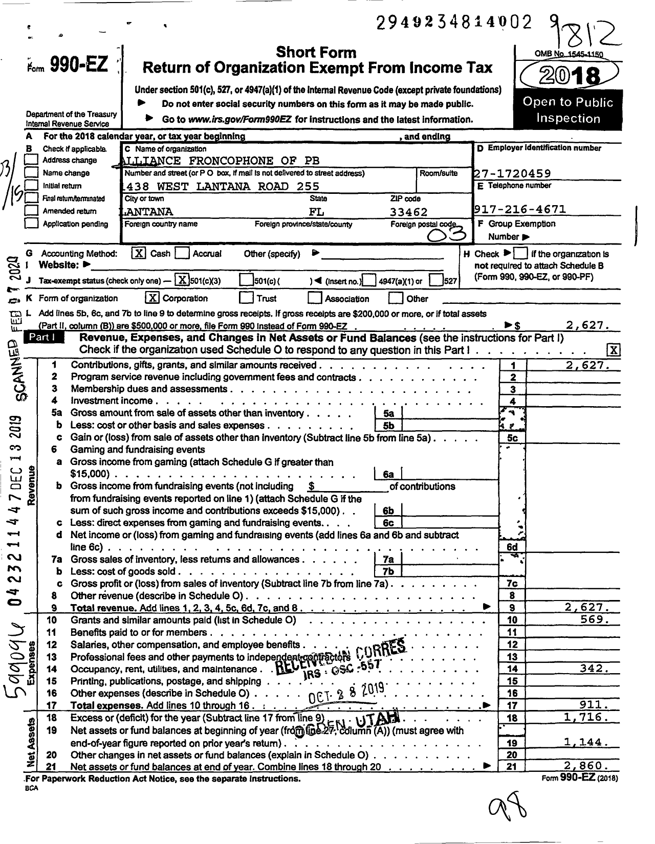 Image of first page of 2018 Form 990EZ for Alliance Francophone of PB