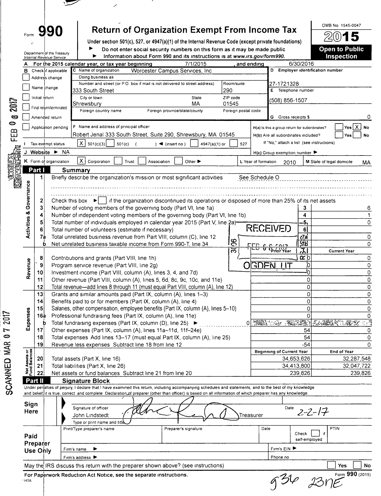 Image of first page of 2015 Form 990 for Worcester Campus Services