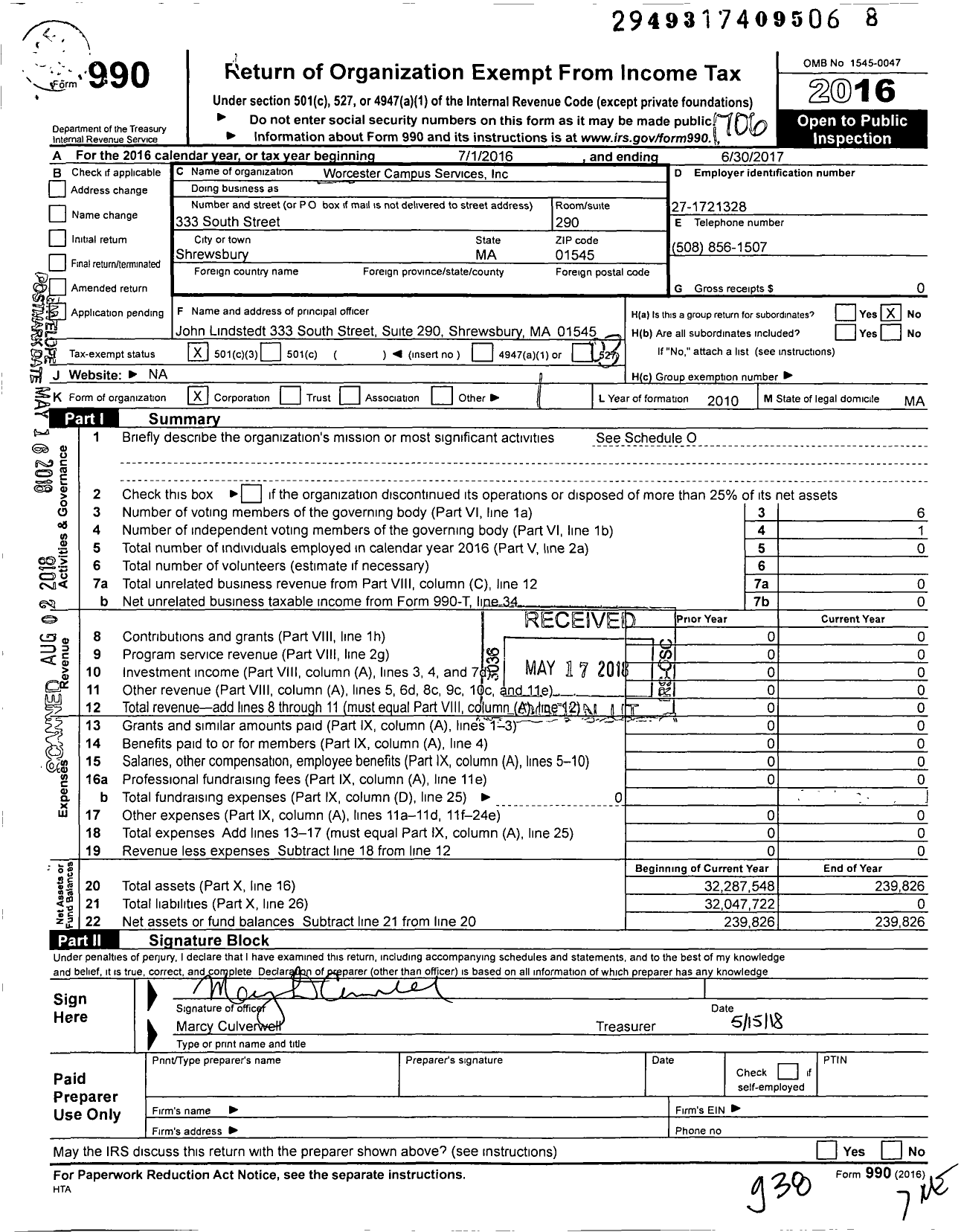 Image of first page of 2016 Form 990 for Worcester Campus Services