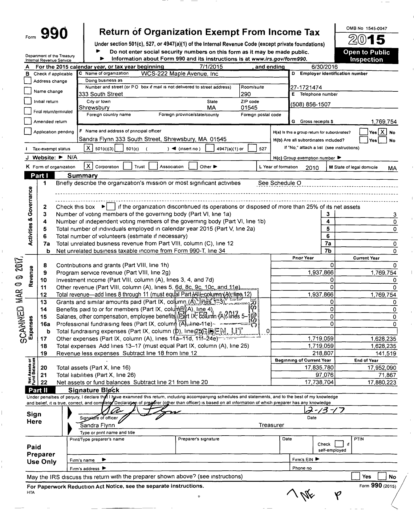 Image of first page of 2015 Form 990 for WCS-222 Maple Avenue