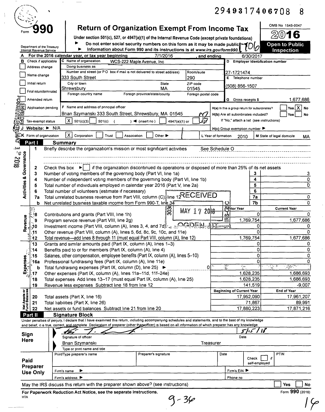 Image of first page of 2016 Form 990 for WCS-222 Maple Avenue