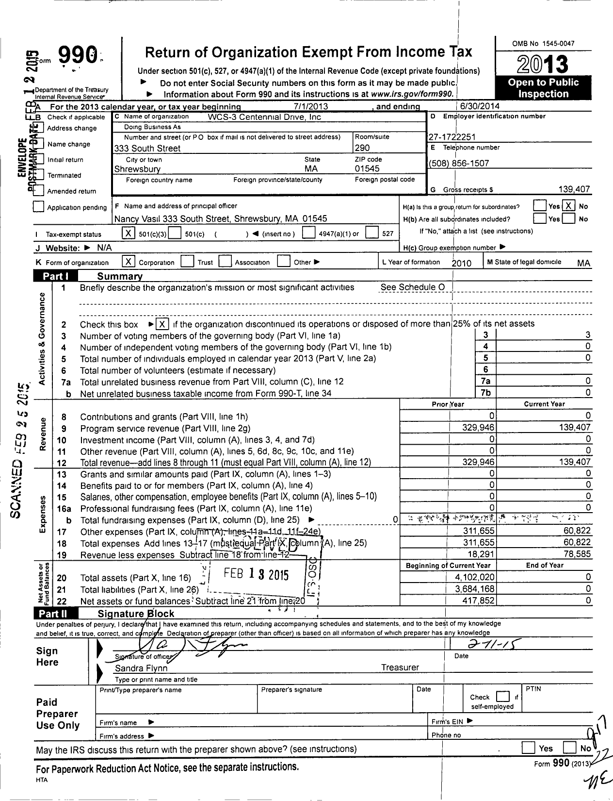 Image of first page of 2013 Form 990 for WCS - 3 Centennial Drive