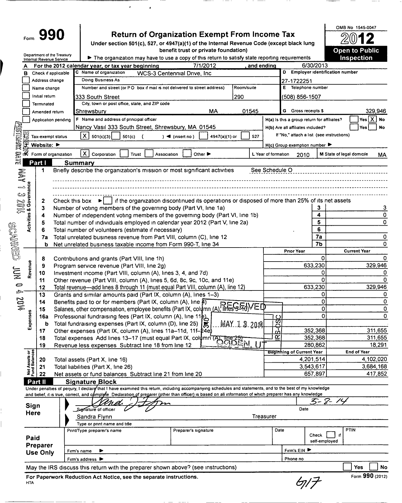 Image of first page of 2012 Form 990 for WCS - 3 Centennial Drive