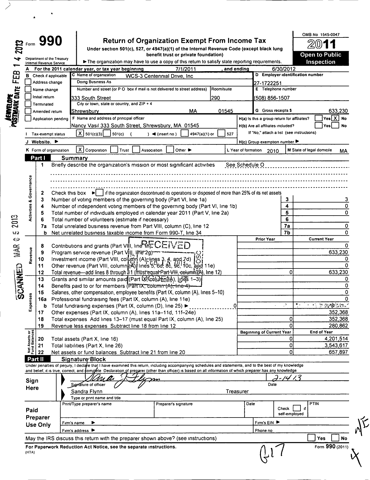 Image of first page of 2011 Form 990 for WCS - 3 Centennial Drive