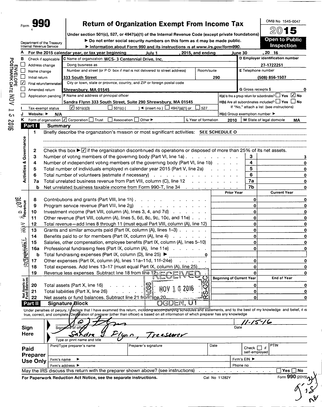 Image of first page of 2015 Form 990 for WCS - 3 Centennial Drive