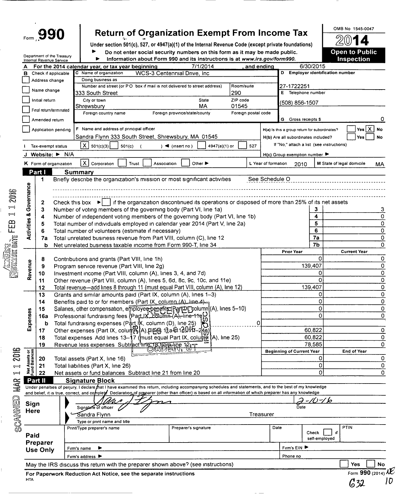 Image of first page of 2014 Form 990 for WCS - 3 Centennial Drive