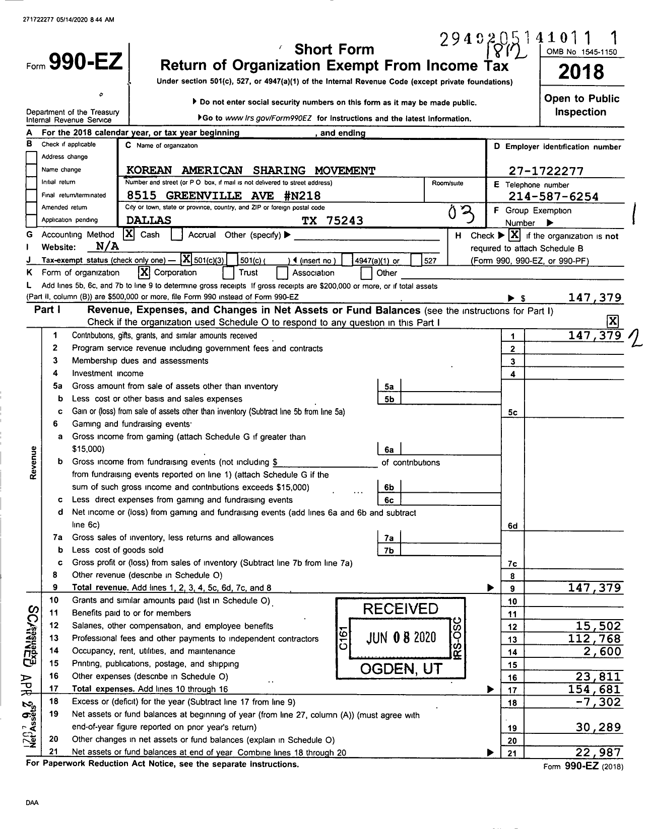 Image of first page of 2018 Form 990EZ for Korean American Sharing Movement