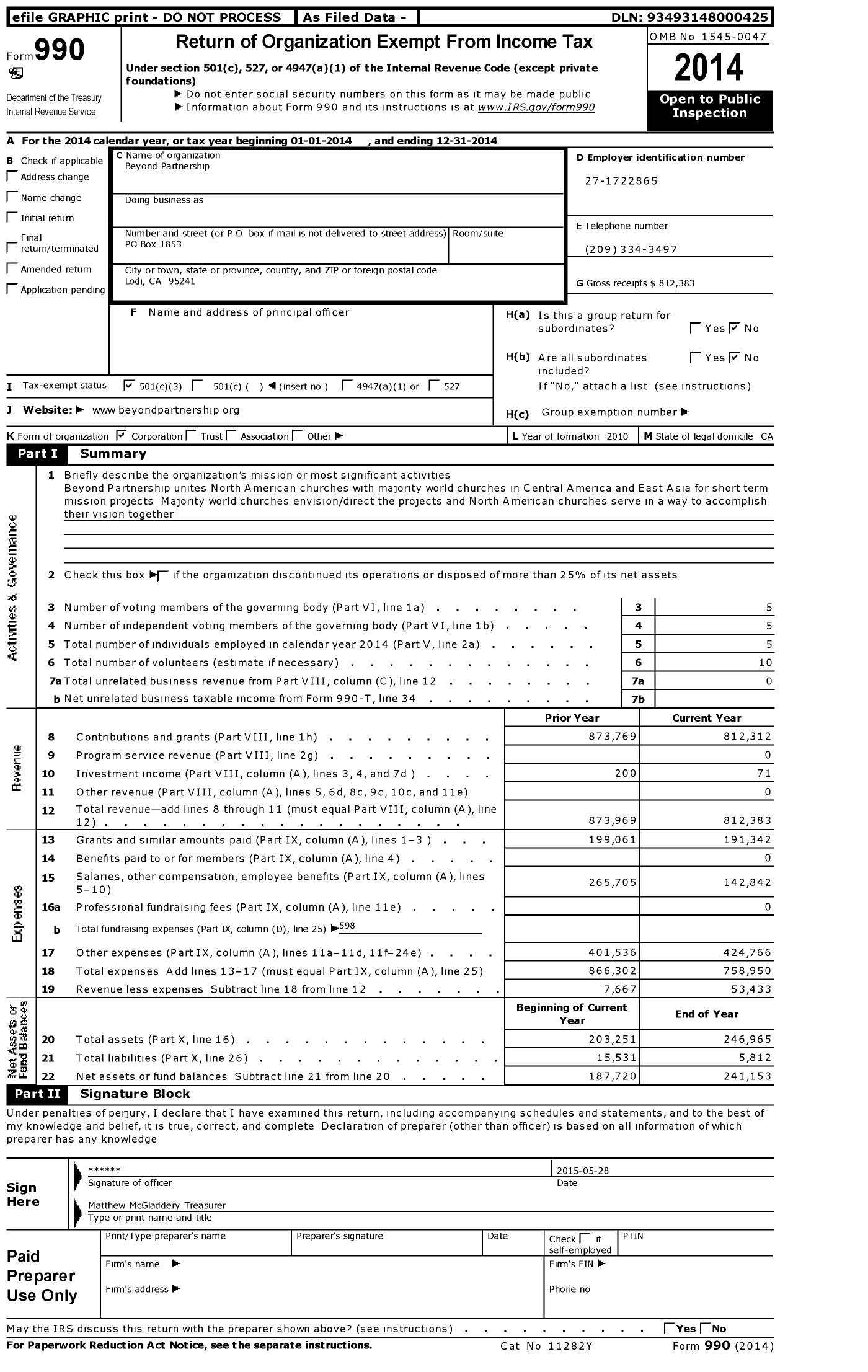 Image of first page of 2014 Form 990 for Beyond Partnership