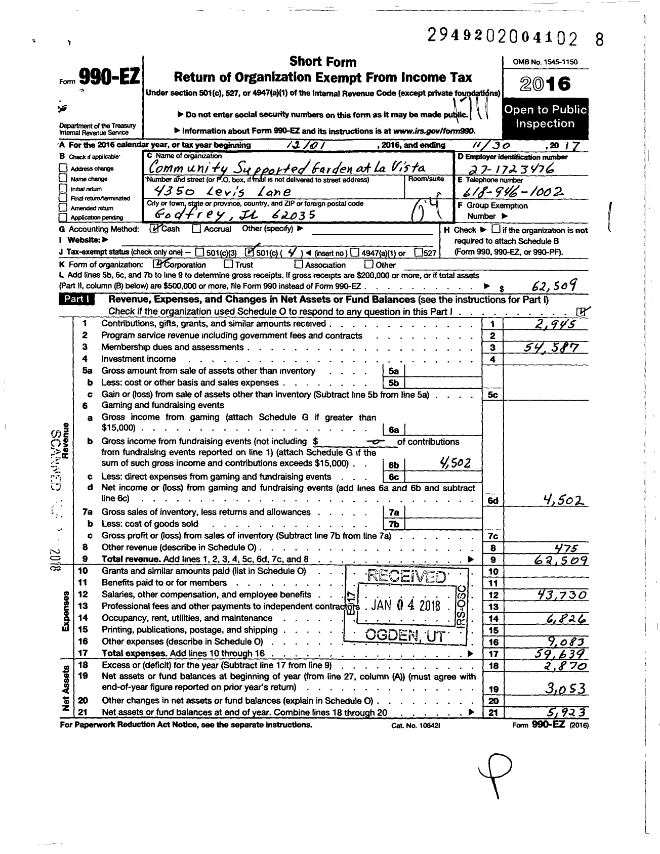 Image of first page of 2016 Form 990EO for Community Supported Garden at La Vista