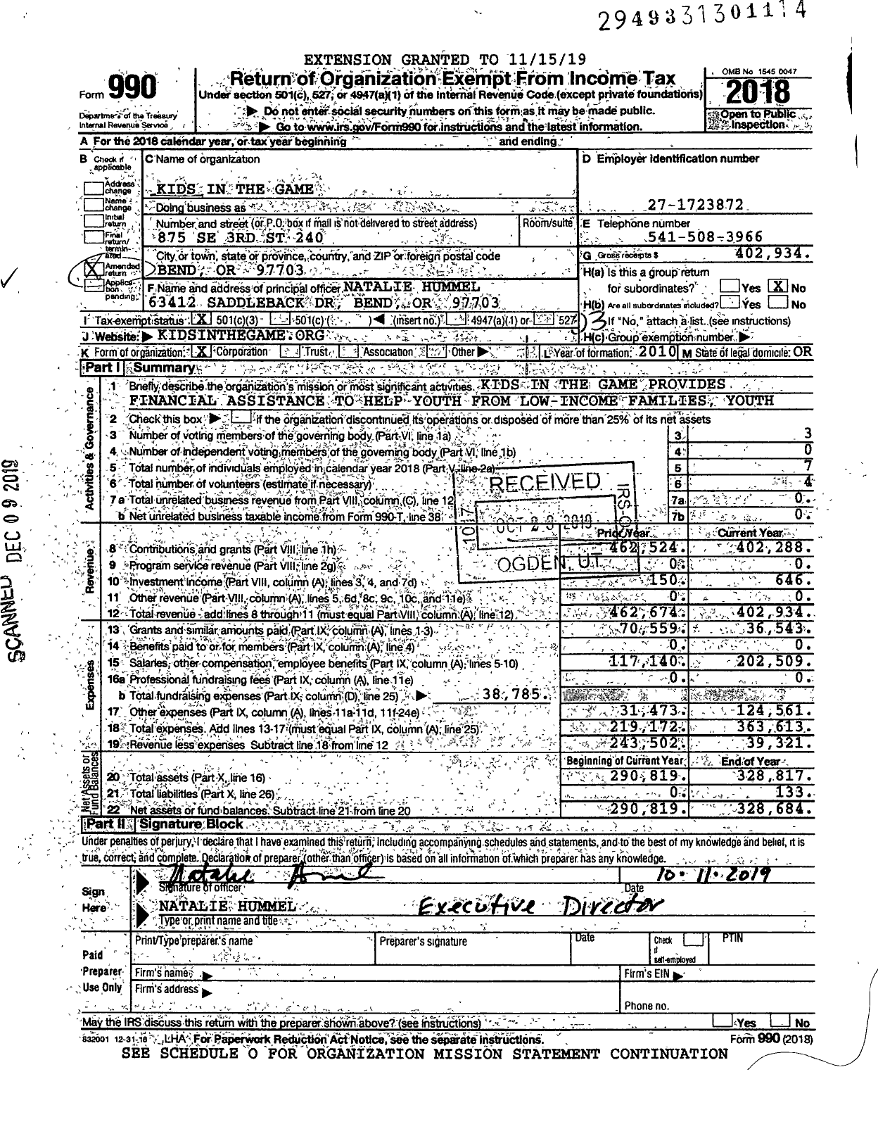 Image of first page of 2018 Form 990 for Every Kid Sports