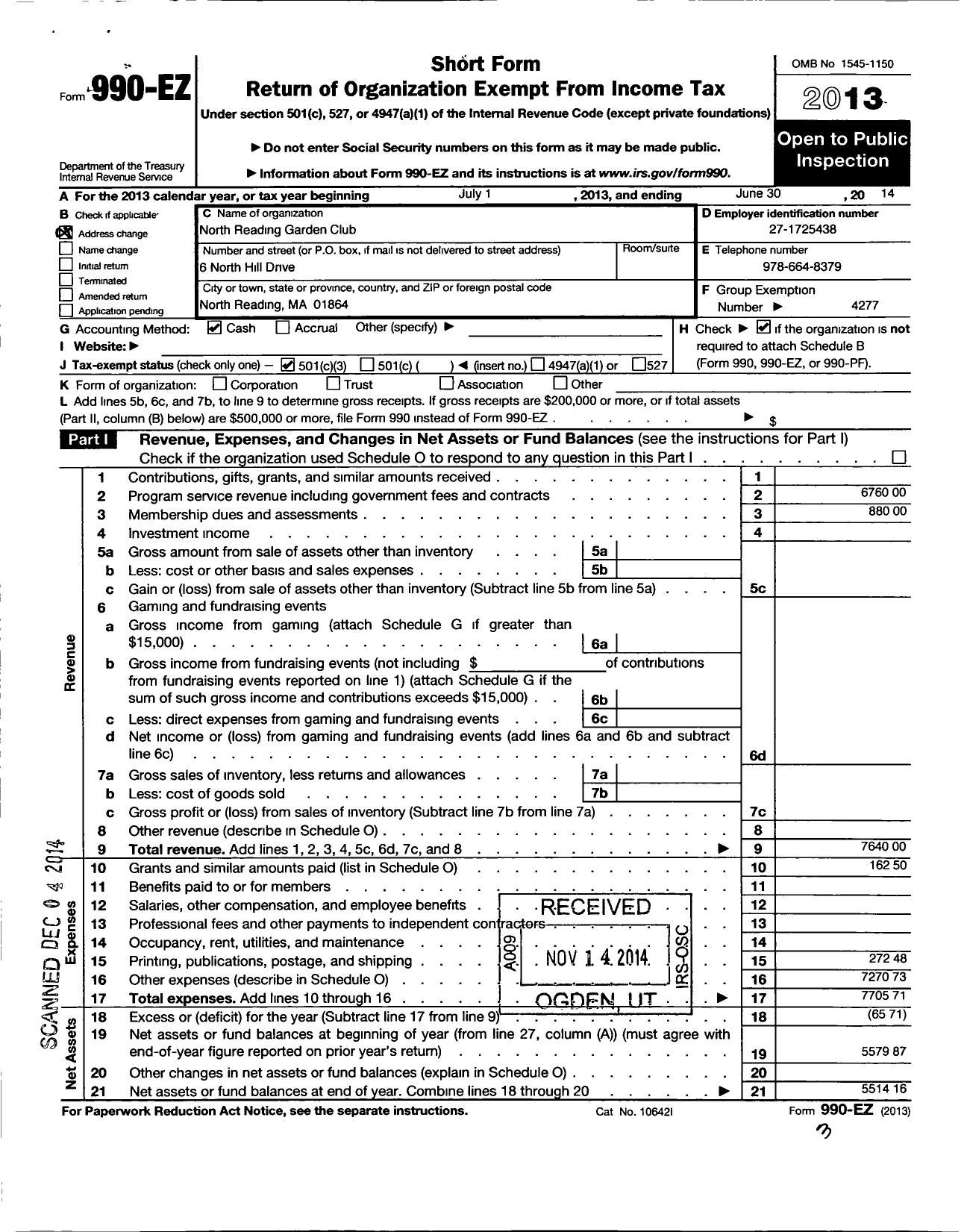 Image of first page of 2013 Form 990EZ for Garden Club Federation of Massachusettes