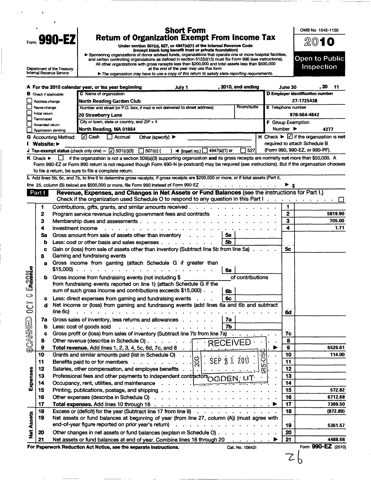 Image of first page of 2010 Form 990EZ for Garden Club Federation of Massachusettes