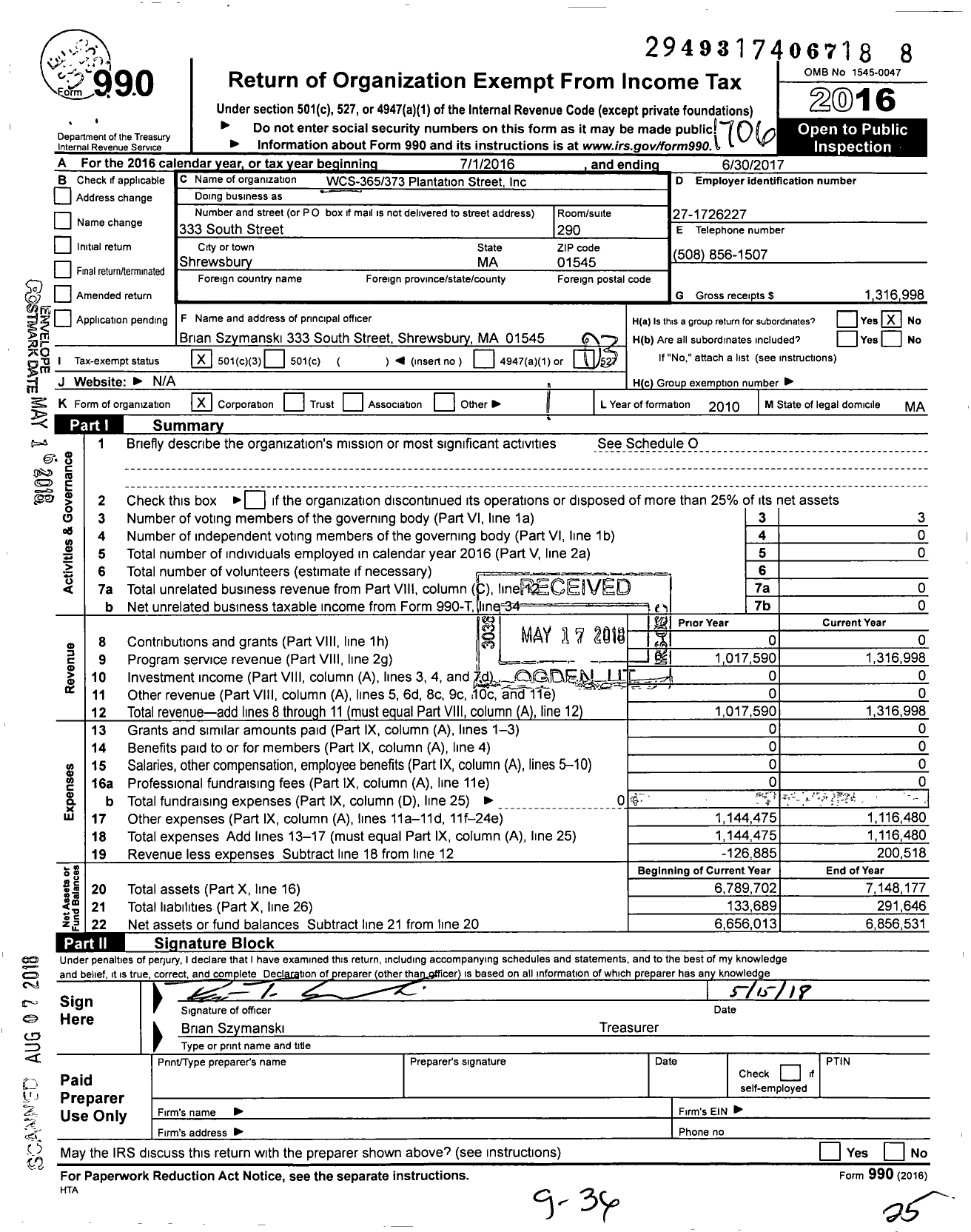 Image of first page of 2016 Form 990 for WCS-365-373 Plantation Street