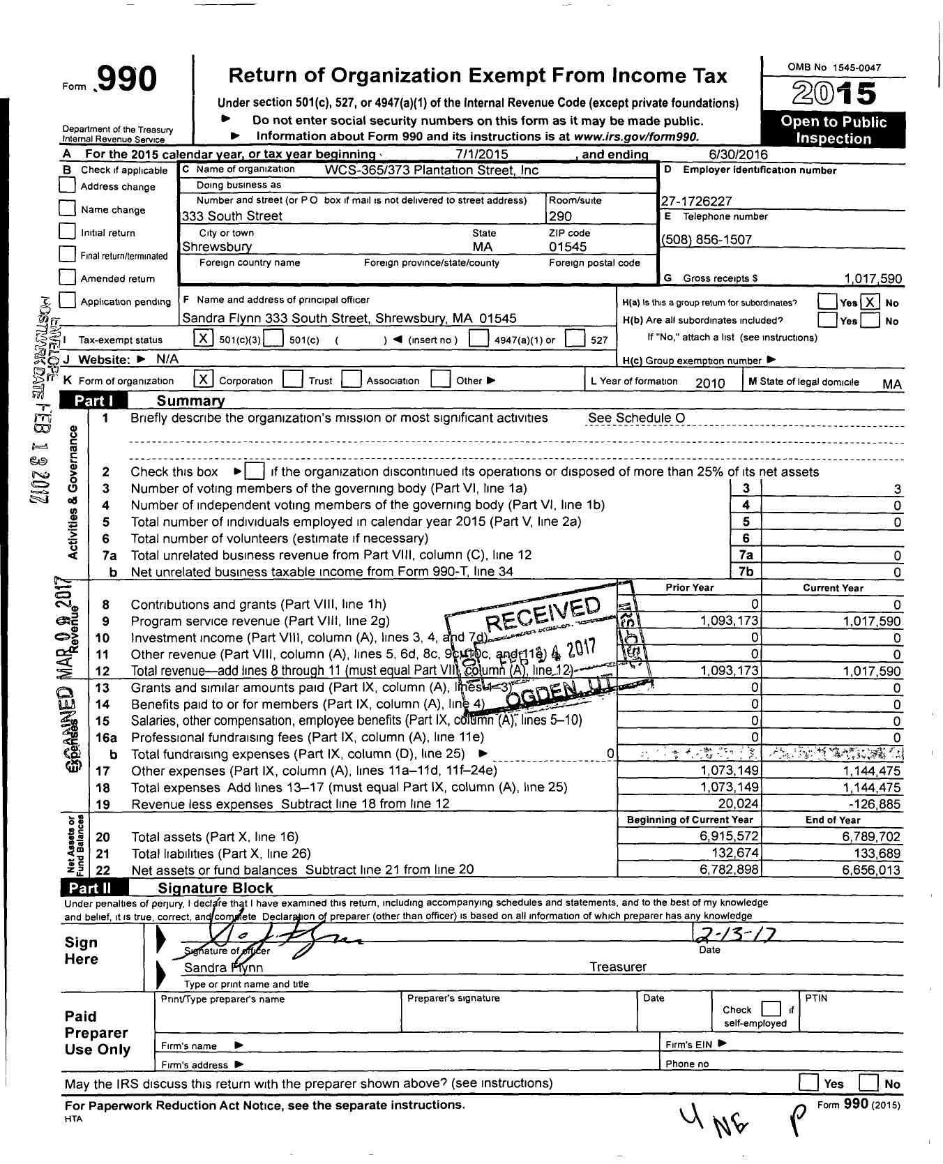 Image of first page of 2015 Form 990 for WCS-365-373 Plantation Street