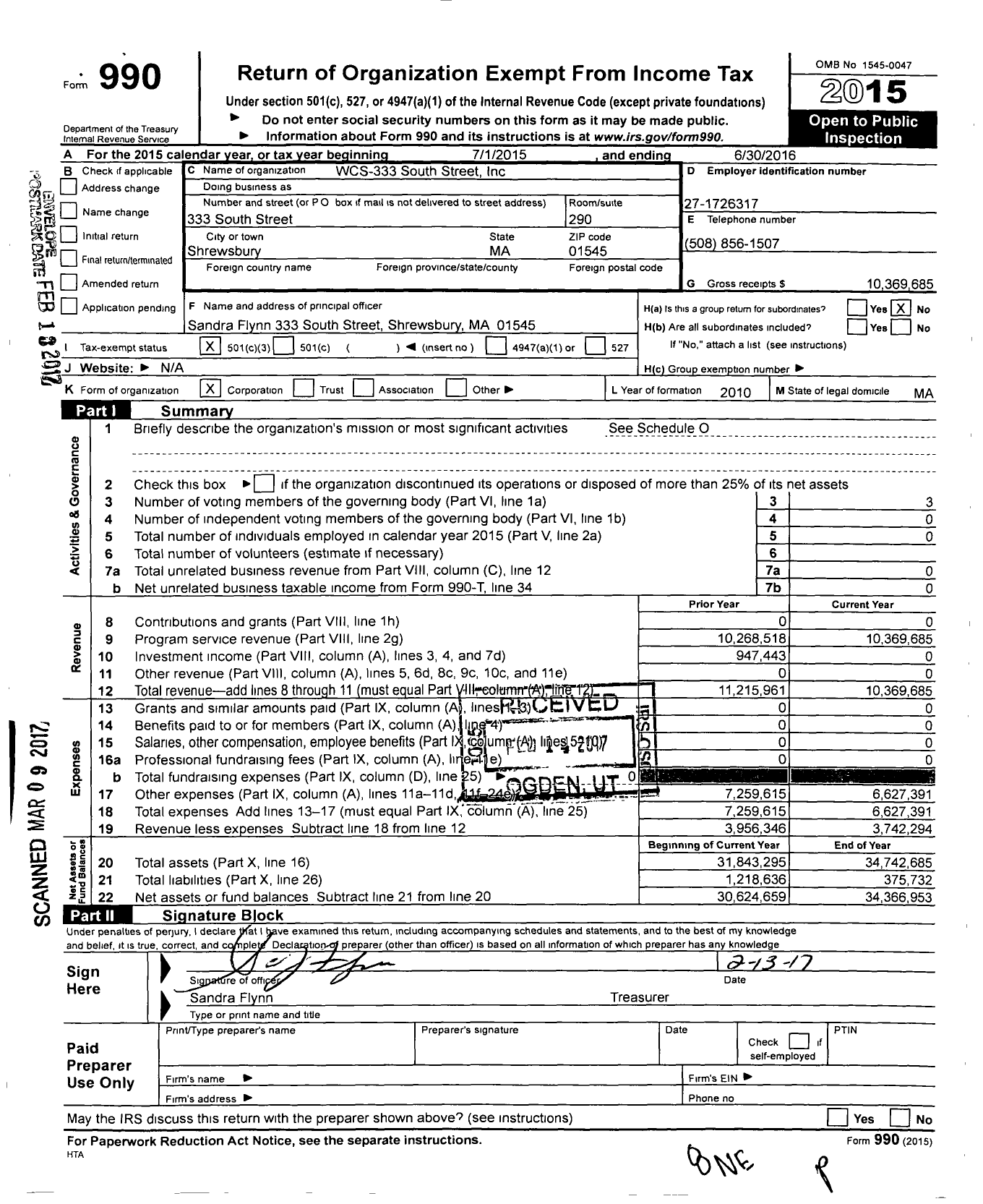 Image of first page of 2015 Form 990 for 333 South Street