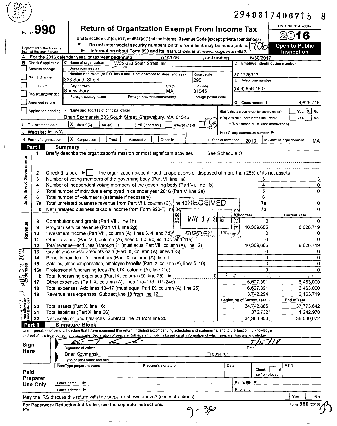 Image of first page of 2016 Form 990 for WCS - 333 South Street
