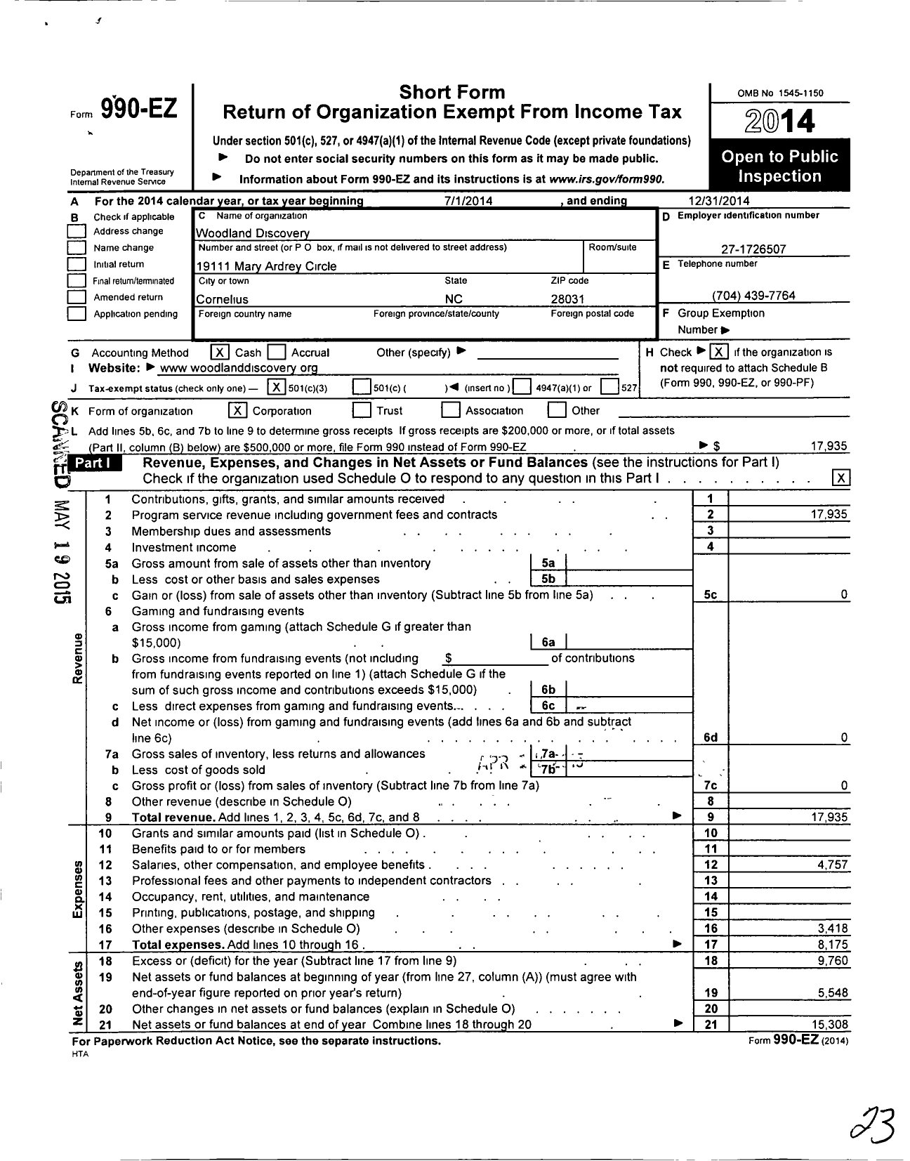 Image of first page of 2014 Form 990EZ for Woodland Discovery