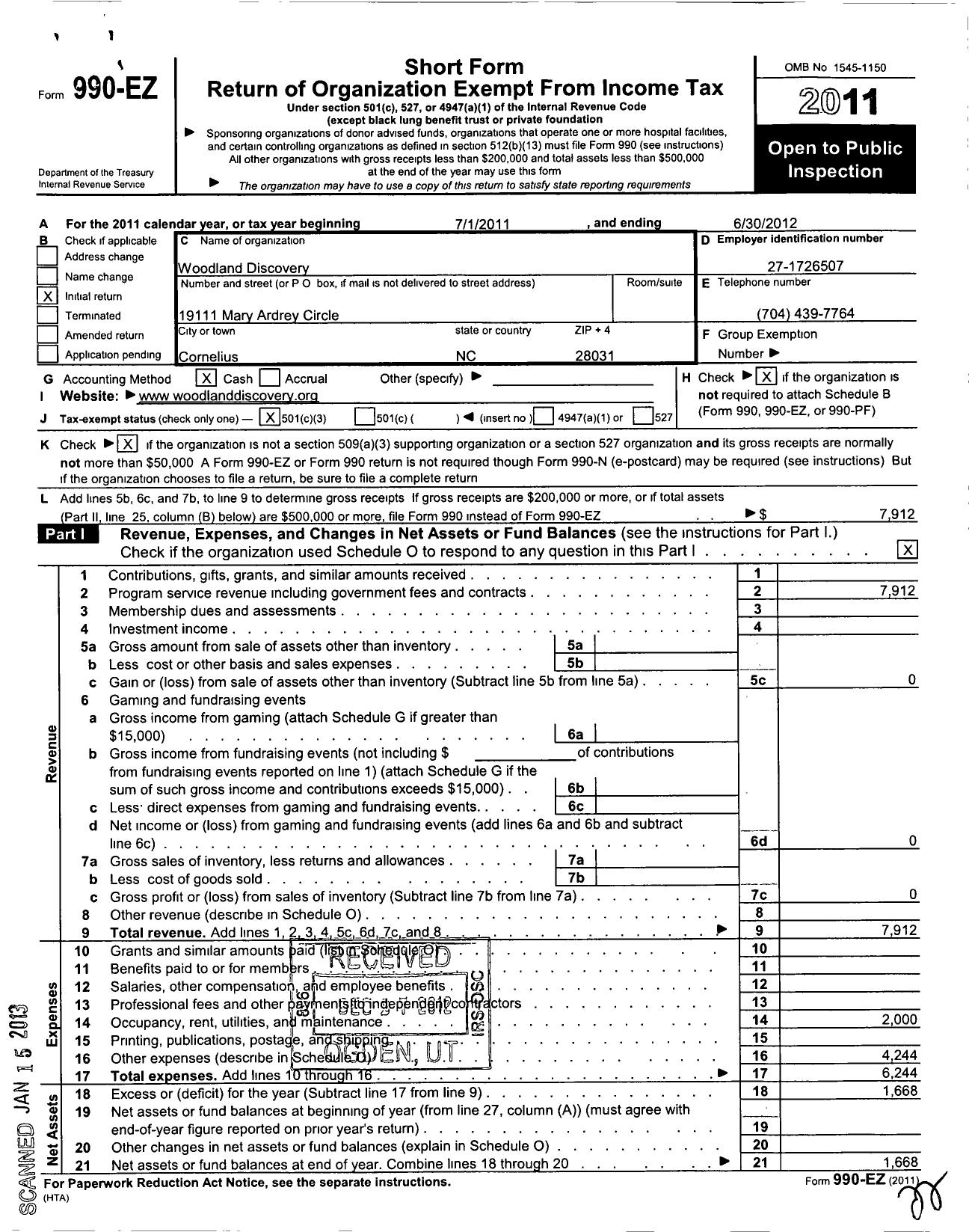 Image of first page of 2011 Form 990EZ for Woodland Discovery