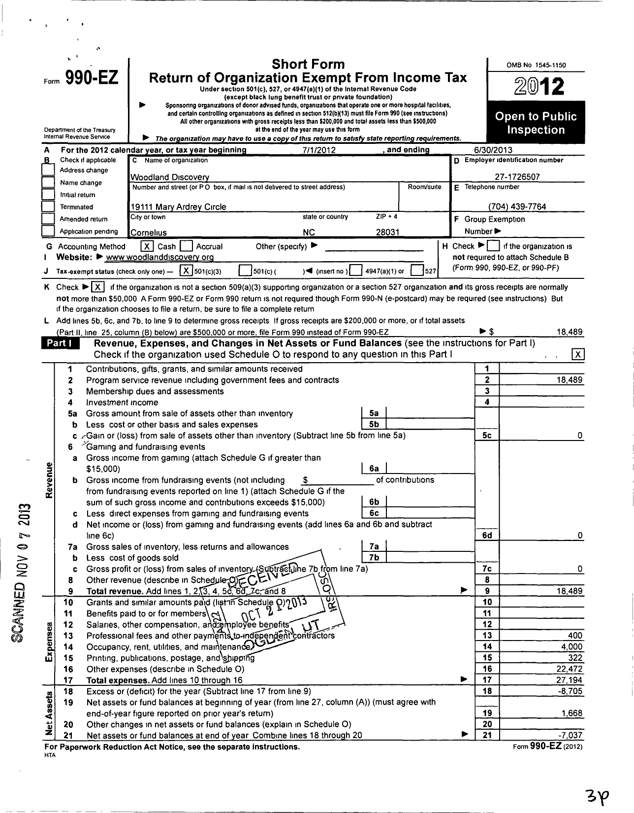 Image of first page of 2012 Form 990EZ for Woodland Discovery