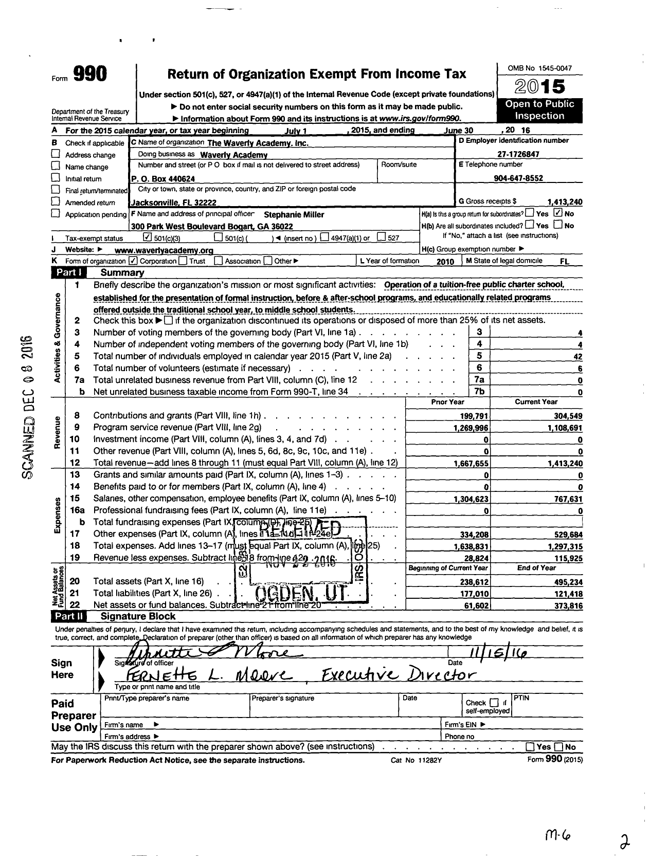 Image of first page of 2015 Form 990 for Waverly Academy