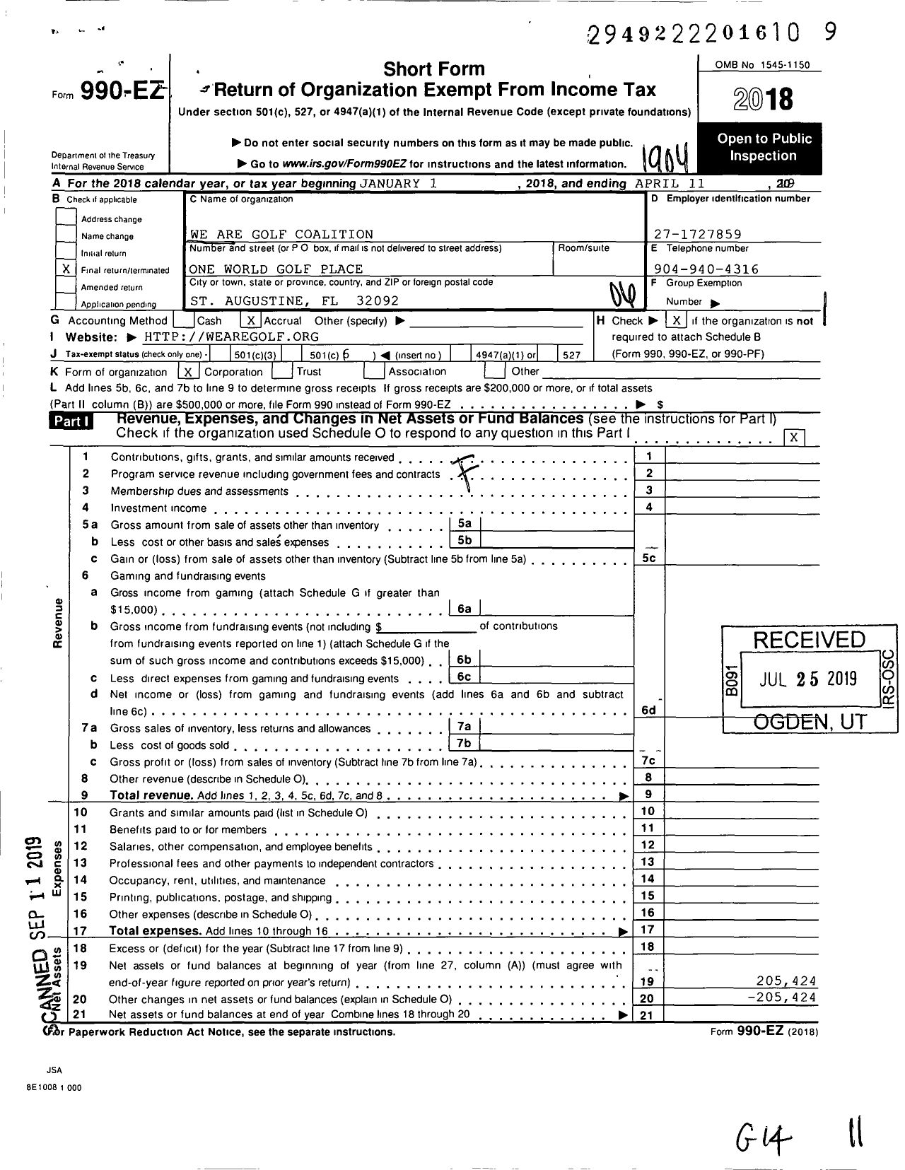 Image of first page of 2018 Form 990EO for We Are Golf Coalition