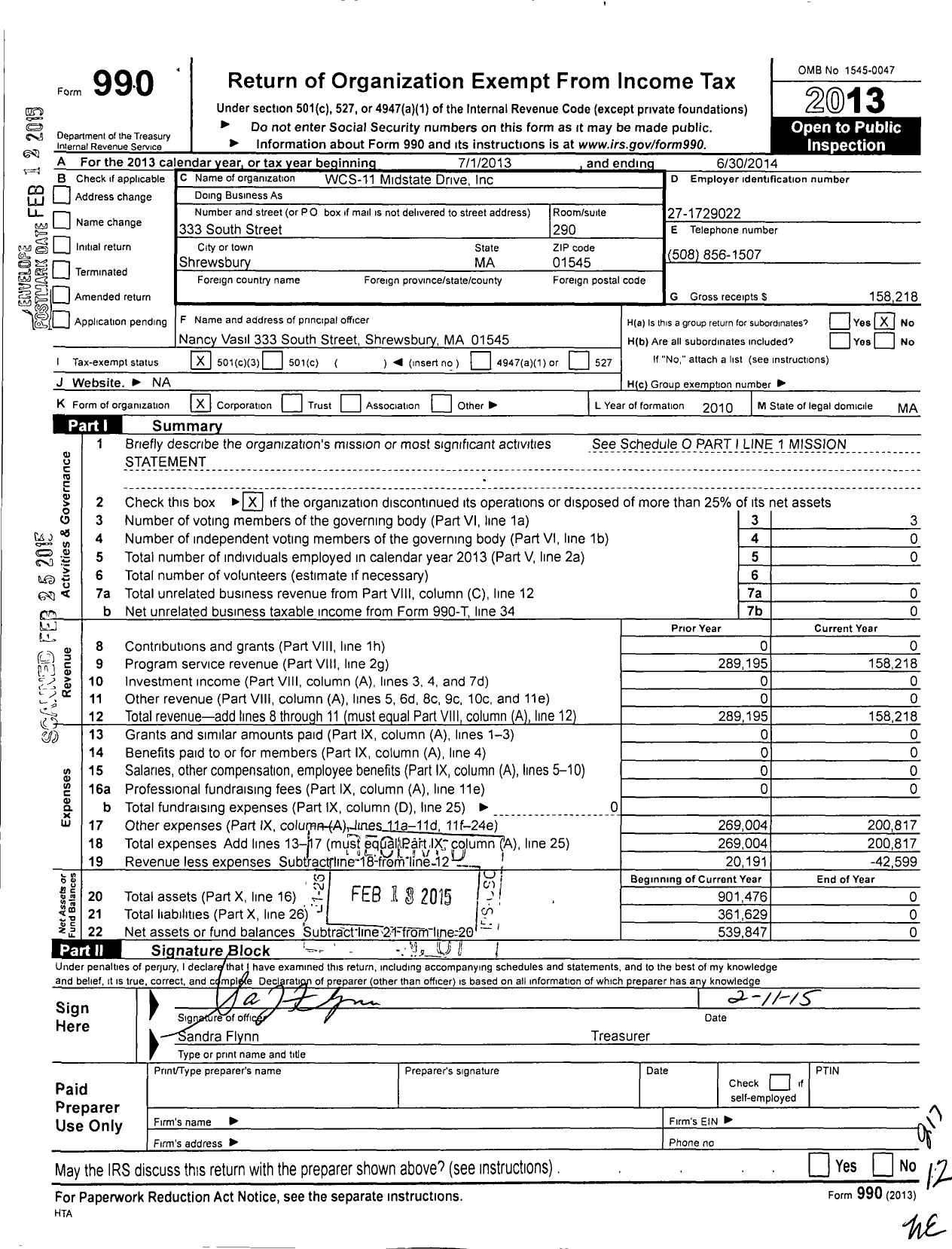 Image of first page of 2013 Form 990 for WCS - 11 Midstate Drive