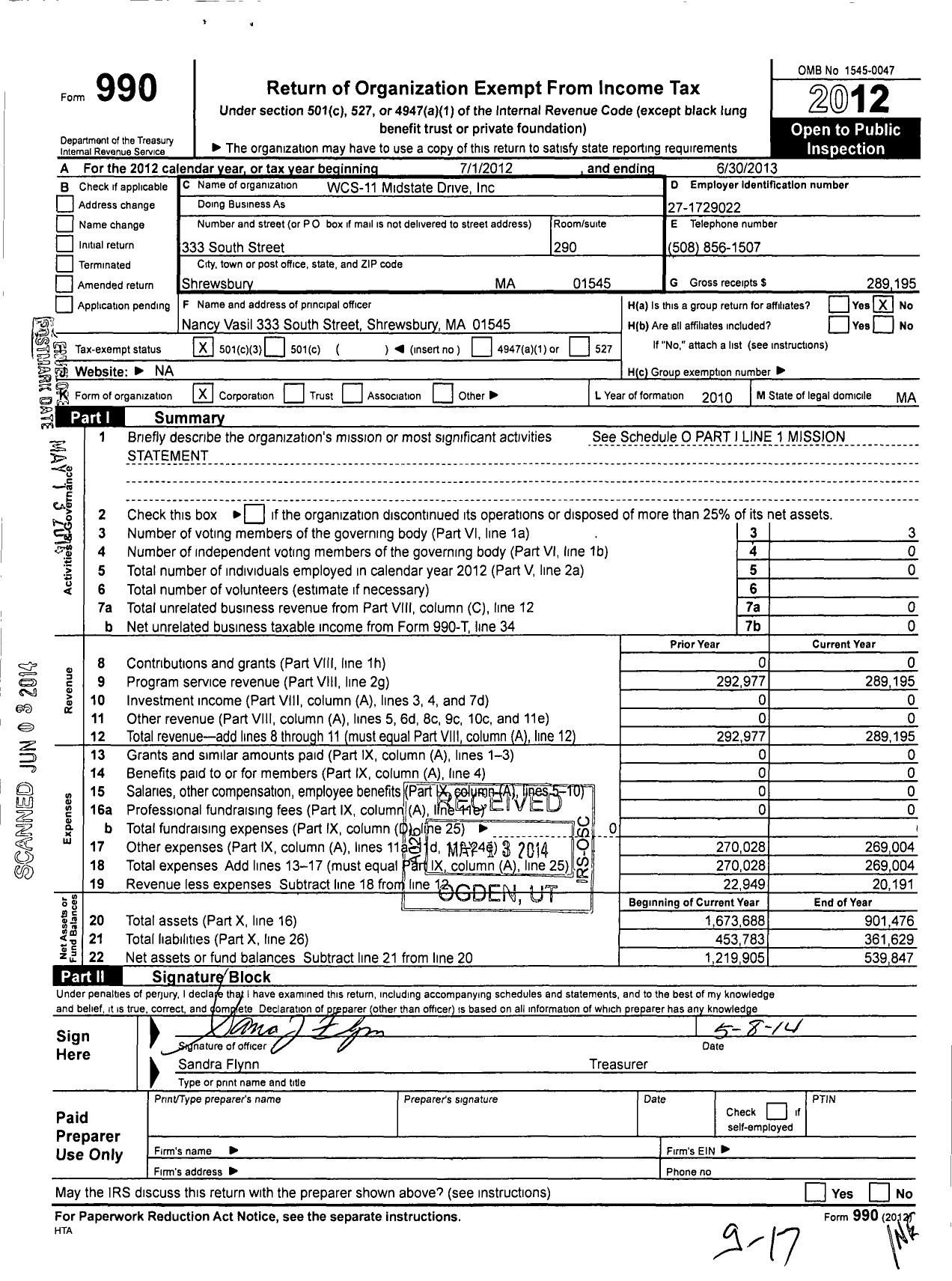 Image of first page of 2012 Form 990 for WCS - 11 Midstate Drive