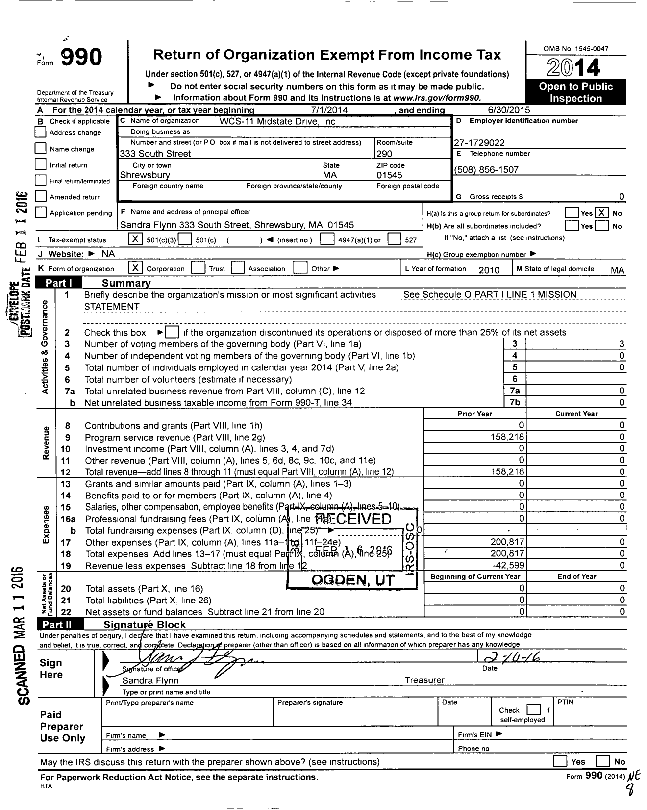 Image of first page of 2014 Form 990 for WCS - 11 Midstate Drive