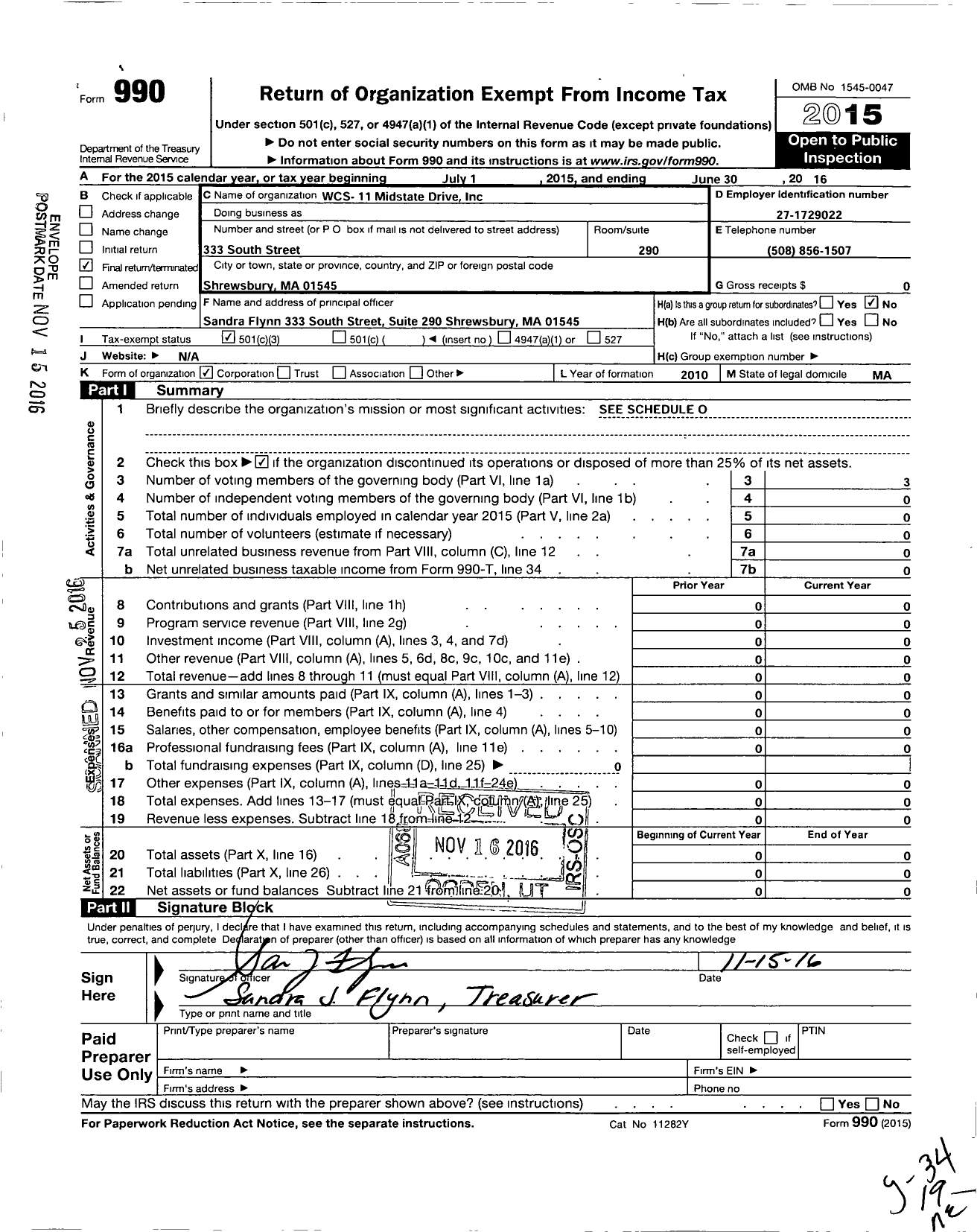 Image of first page of 2015 Form 990 for WCS - 11 Midstate Drive