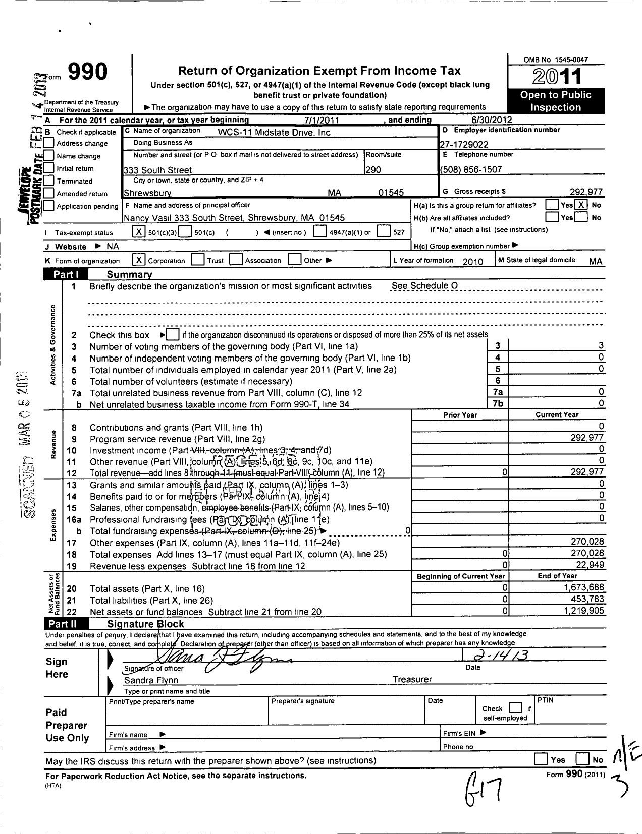 Image of first page of 2011 Form 990 for WCS - 11 Midstate Drive