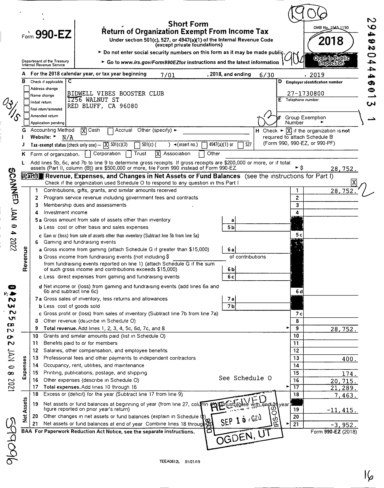 Image of first page of 2018 Form 990EZ for Bidwell Vibes Booster Club