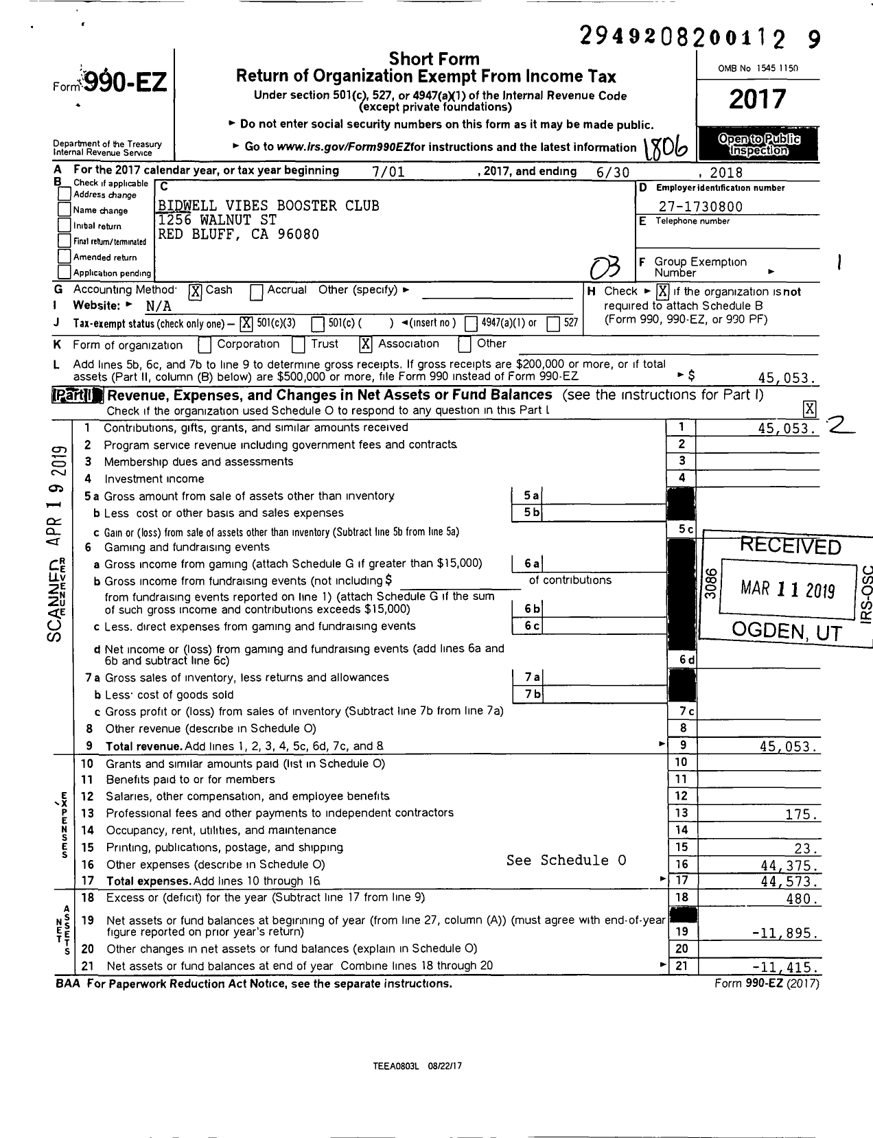 Image of first page of 2017 Form 990EZ for Bidwell Vibes Booster Club