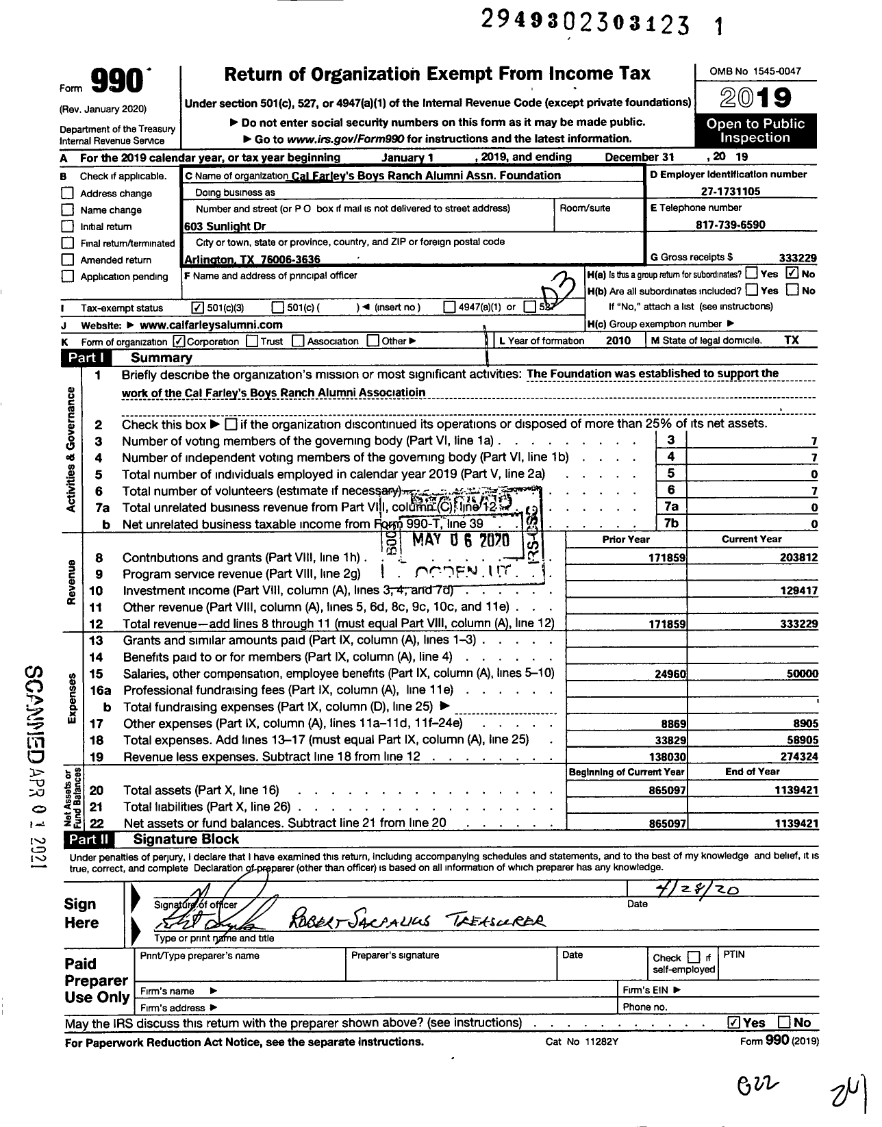 Image of first page of 2019 Form 990 for Cal Farley's Boys Ranch Alumni Association Foundation