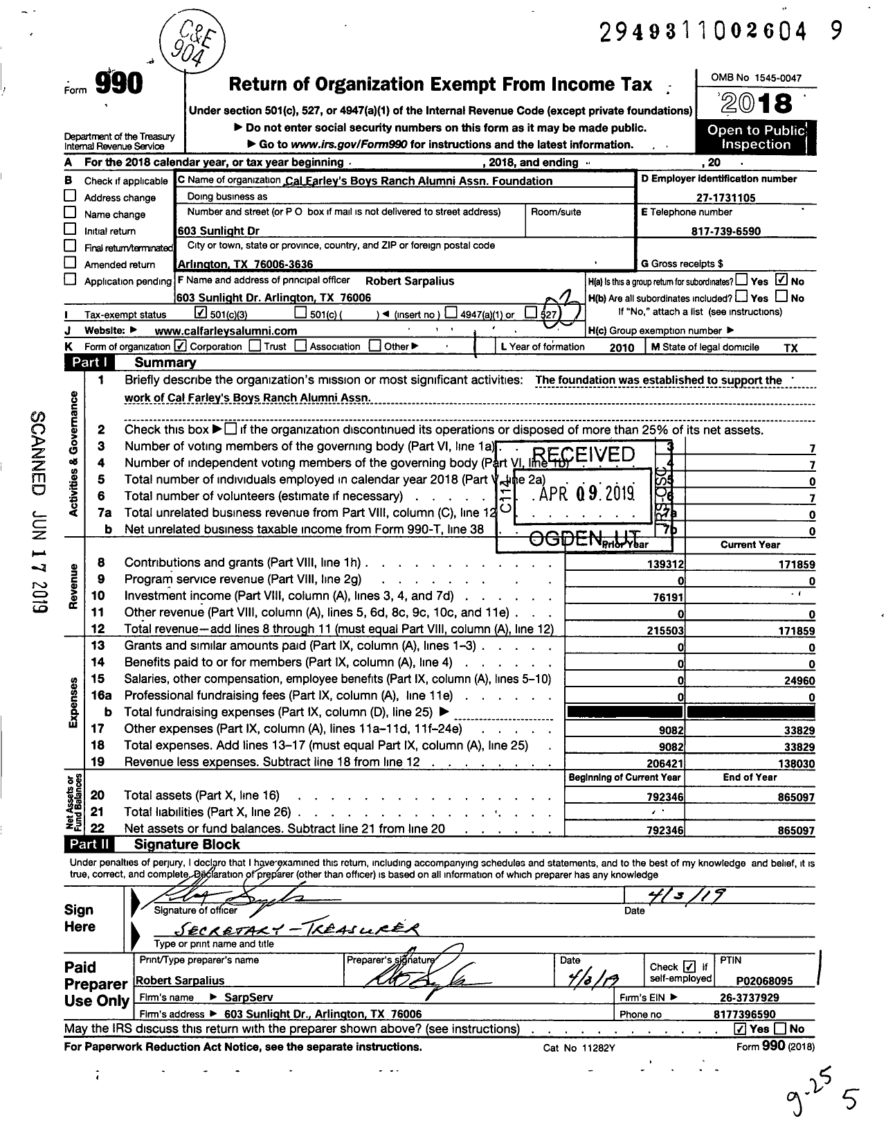 Image of first page of 2018 Form 990 for Cal Farley's Boys Ranch Alumni Association Foundation