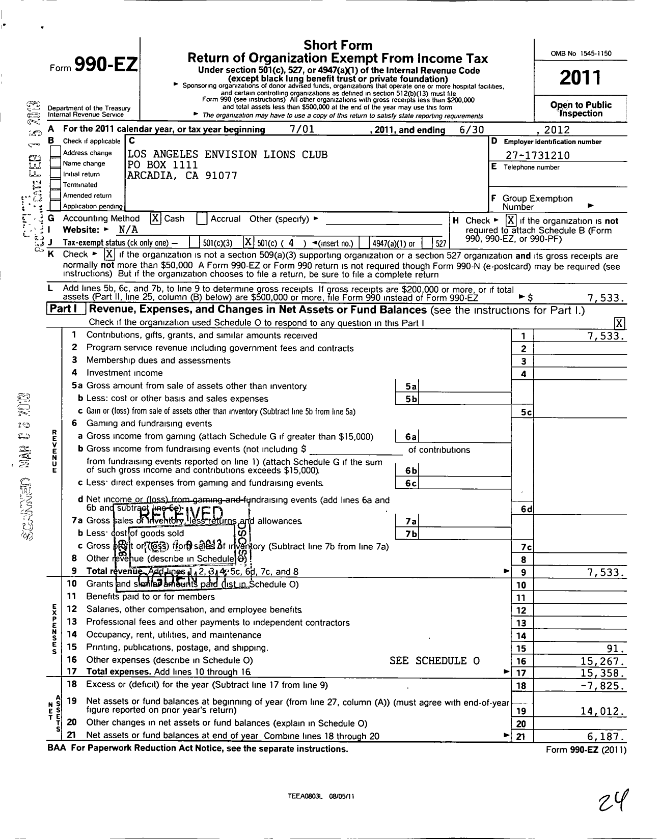 Image of first page of 2011 Form 990EO for Los Angeles Envision Lions Club Charitable Fund