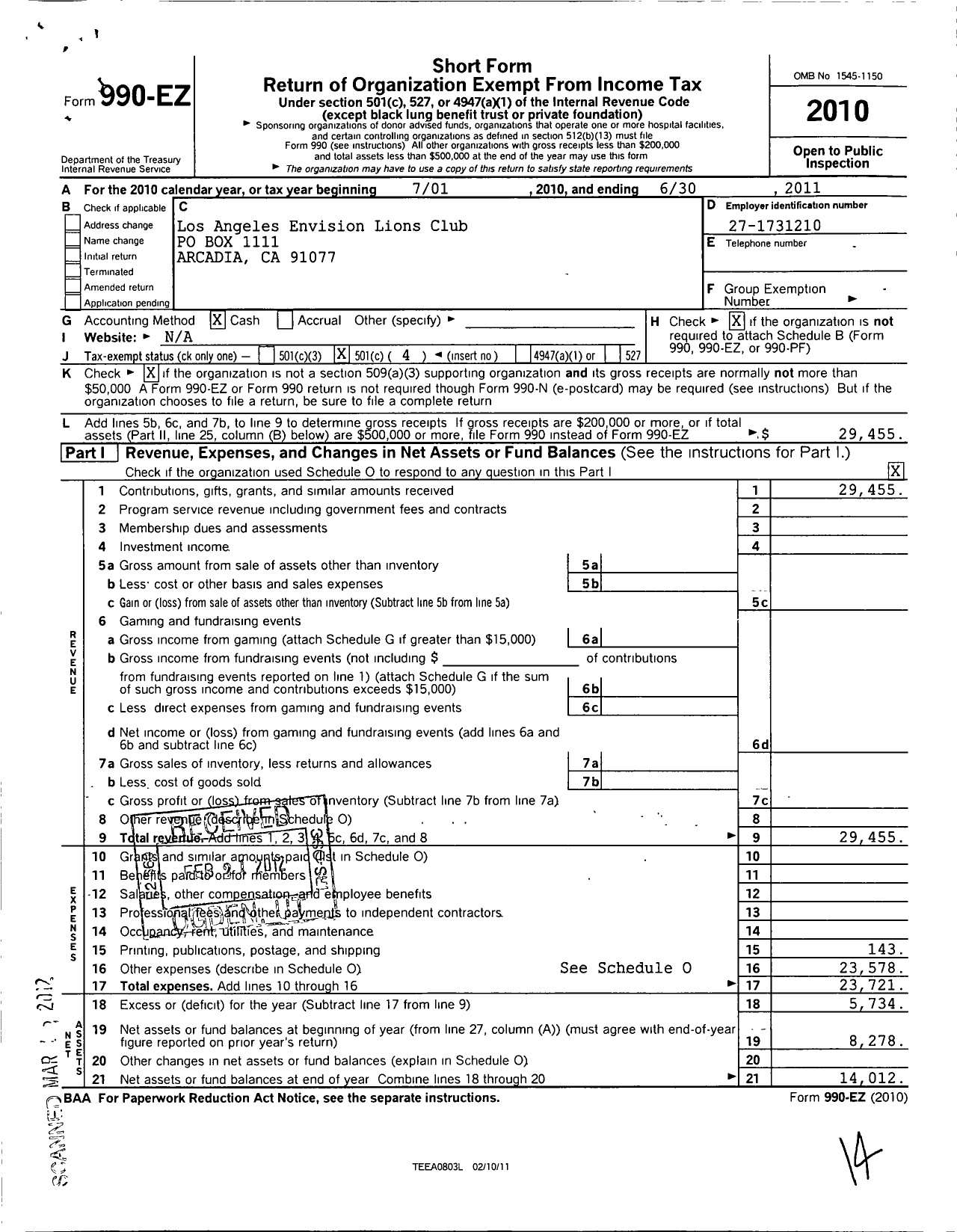 Image of first page of 2010 Form 990EO for Los Angeles Envision Lions Club Charitable Fund