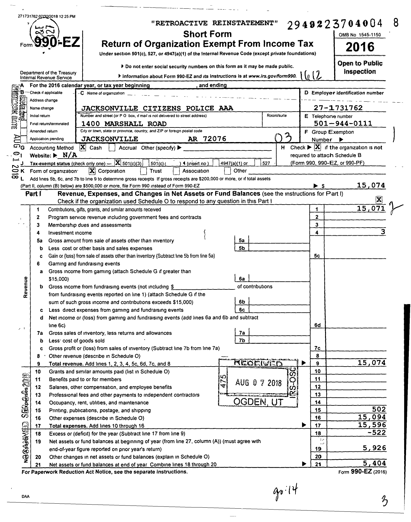 Image of first page of 2016 Form 990EZ for Jacksonville Citizens Police Academy Alumni Association