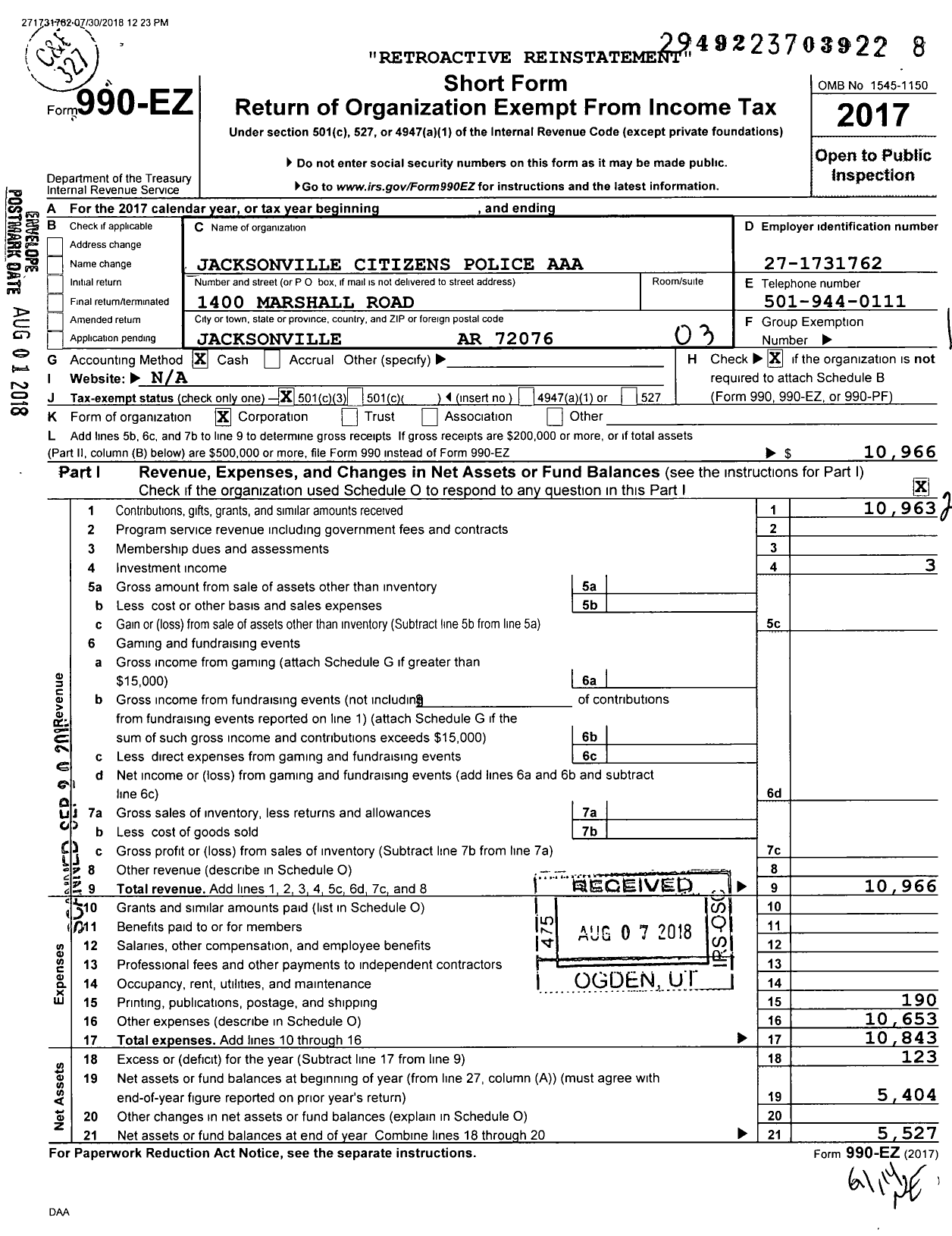 Image of first page of 2017 Form 990EZ for Jacksonville Citizens Police Academy Alumni Association