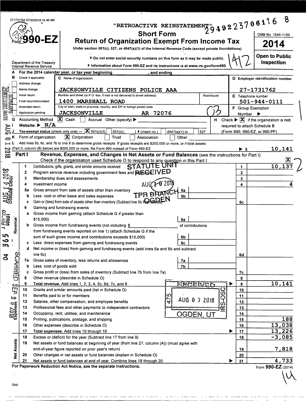 Image of first page of 2014 Form 990EZ for Jacksonville Citizens Police Academy Alumni Association