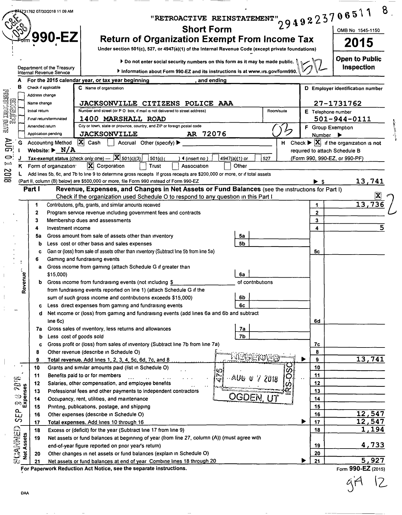 Image of first page of 2015 Form 990EZ for Jacksonville Citizens Police Academy Alumni Association