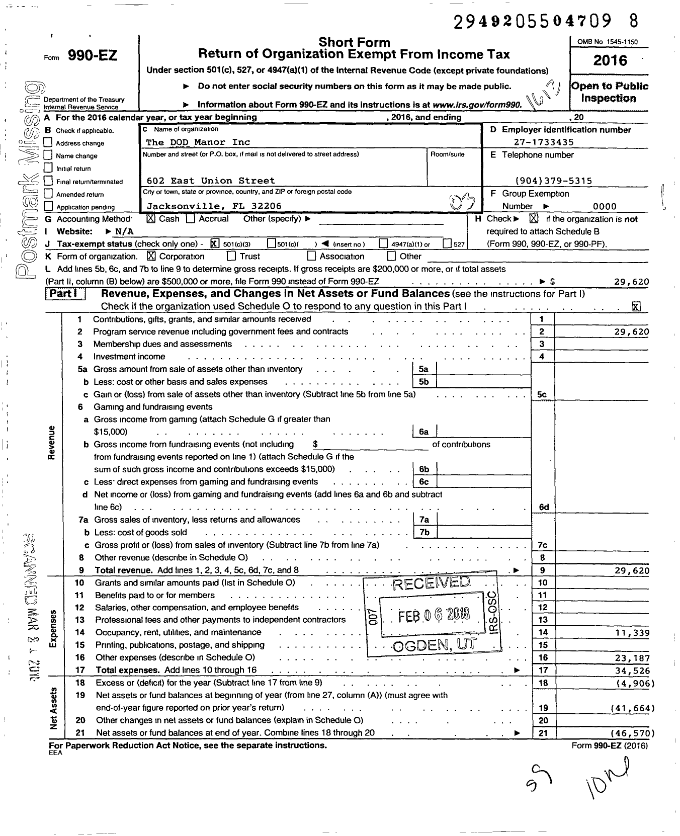 Image of first page of 2016 Form 990EZ for The DOD Manor