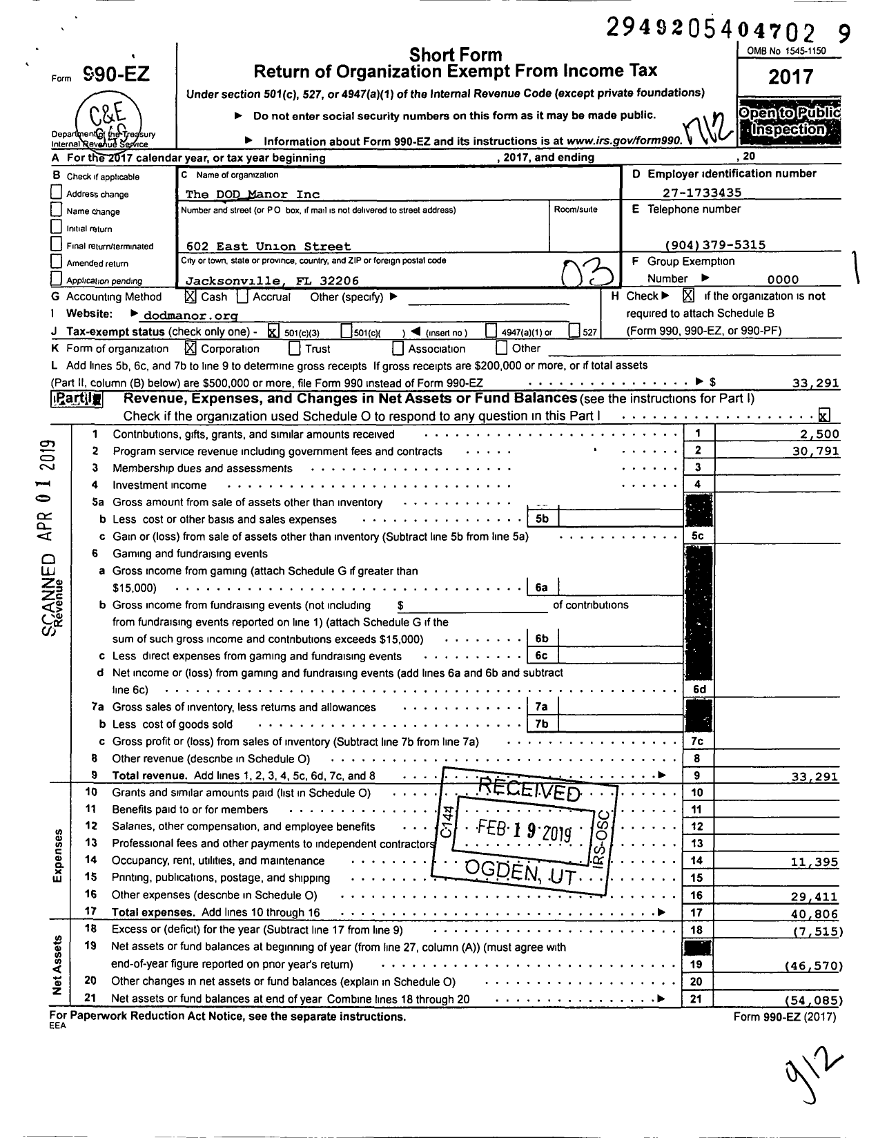 Image of first page of 2017 Form 990EZ for The DOD Manor