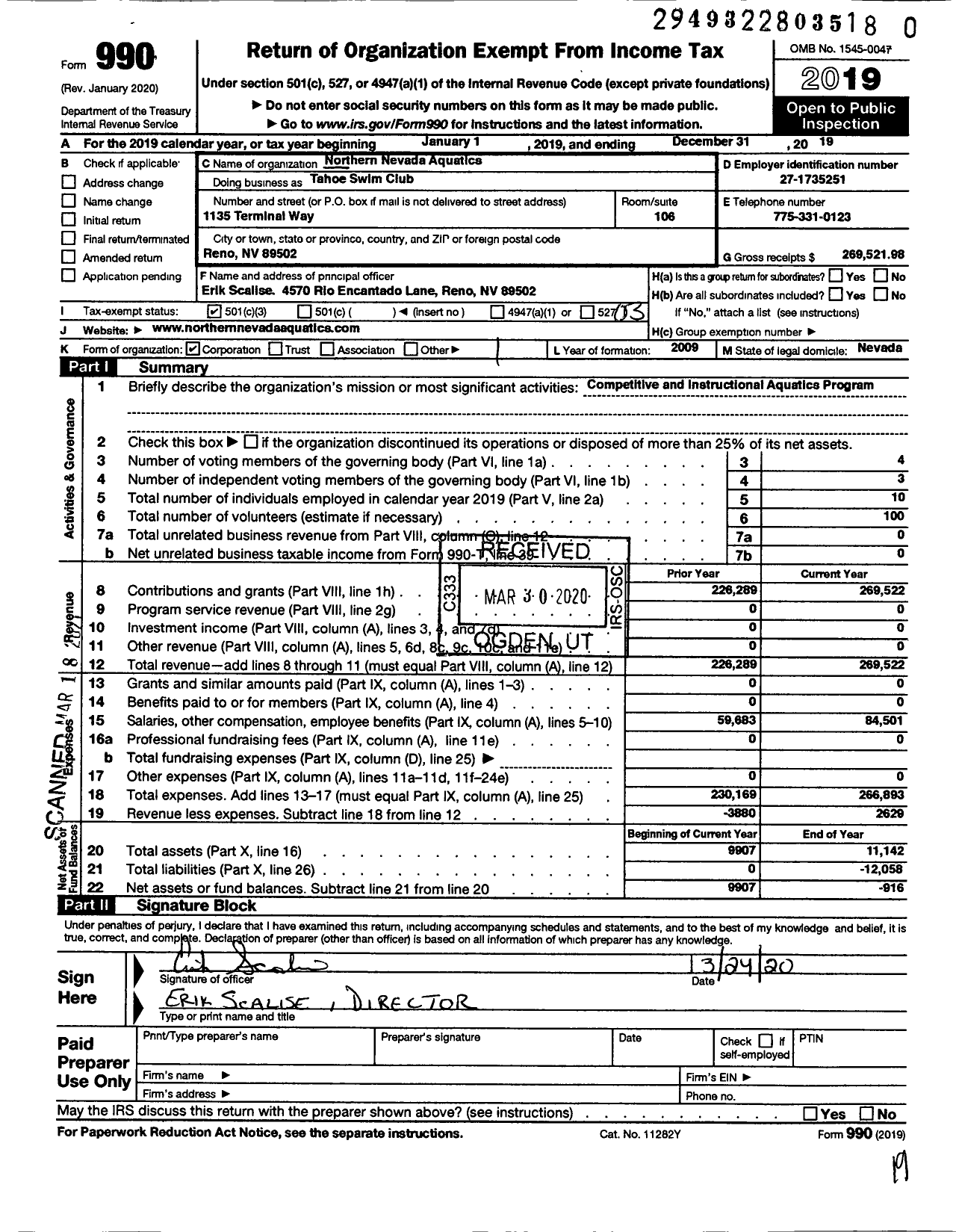 Image of first page of 2019 Form 990 for Northern Nevada Aquatics Beat Obesity / Youth Fitness