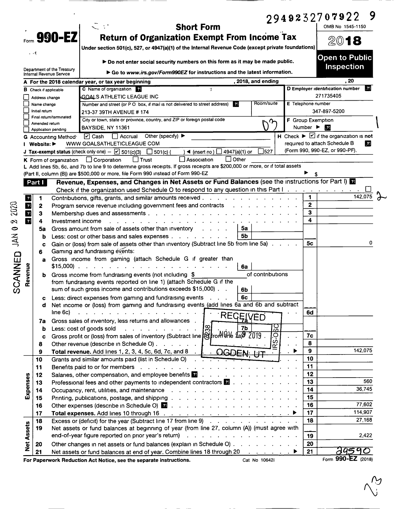 Image of first page of 2018 Form 990EZ for Goals Athletic League