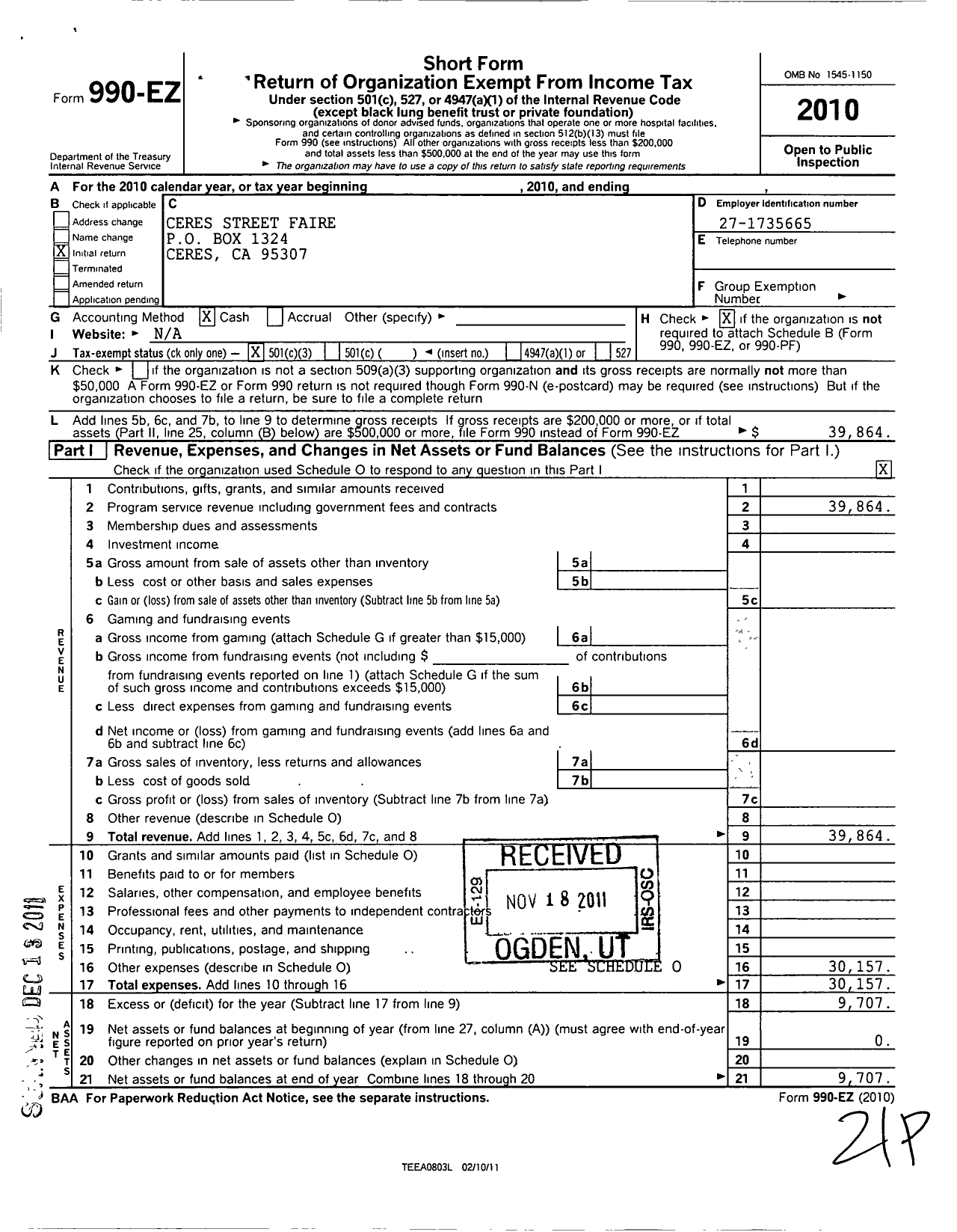 Image of first page of 2010 Form 990EZ for Ceres Street Faire