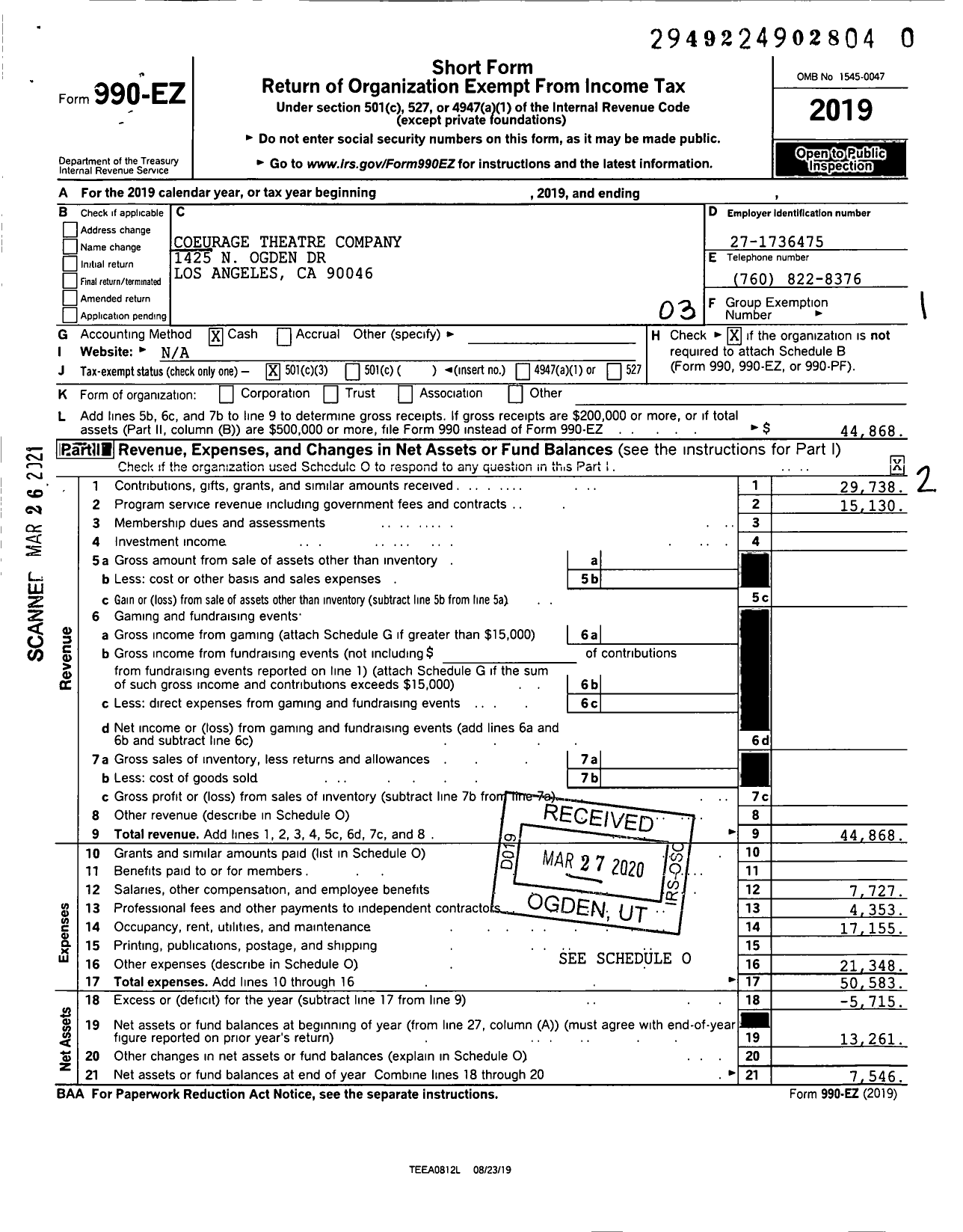 Image of first page of 2019 Form 990EZ for Coeurage Theatre Company