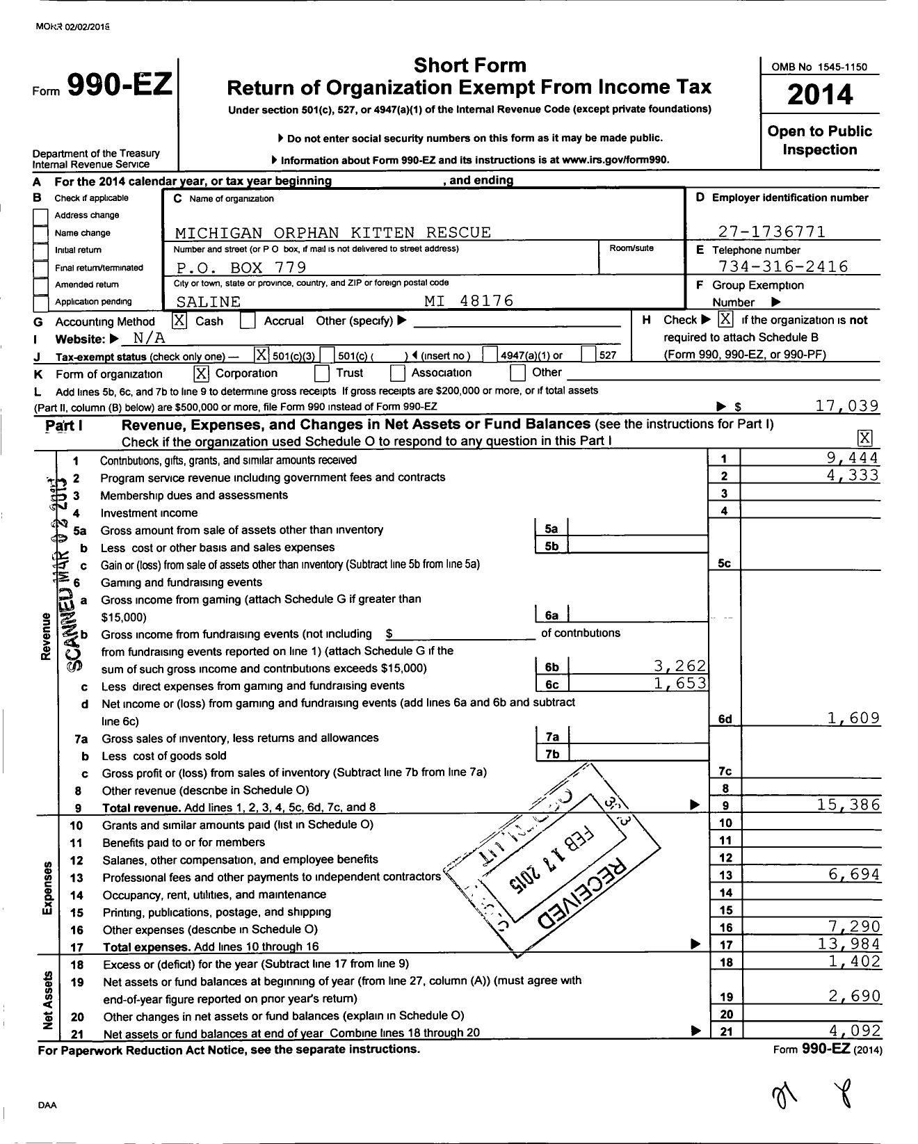 Image of first page of 2014 Form 990EZ for Michigan Orphan Kitten Rescue