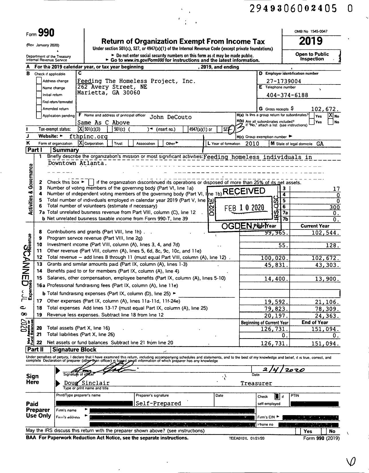 Image of first page of 2019 Form 990 for Feeding The Homeless Project